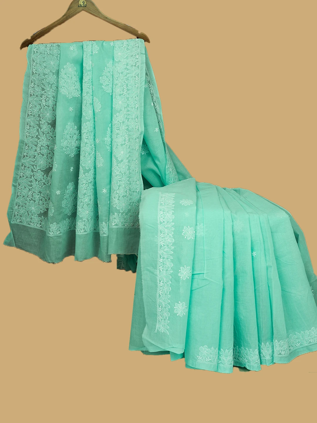 Ada Hand Embroidered Sea Green Cotton Lucknowi Chikankari Saree and Blouse 01A720556