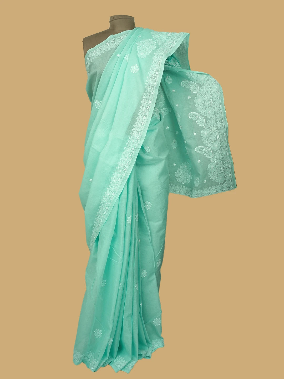 Ada Hand Embroidered Sea Green Cotton Lucknowi Chikankari Saree and Blouse 01A720556