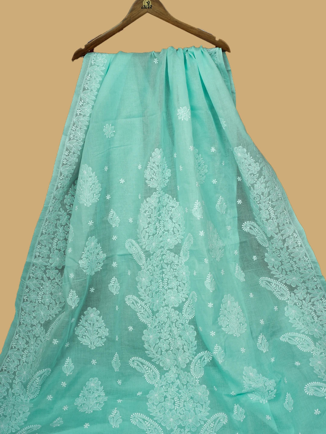 Ada Hand Embroidered Sea Green Cotton Lucknowi Chikankari Saree and Blouse 01A720556
