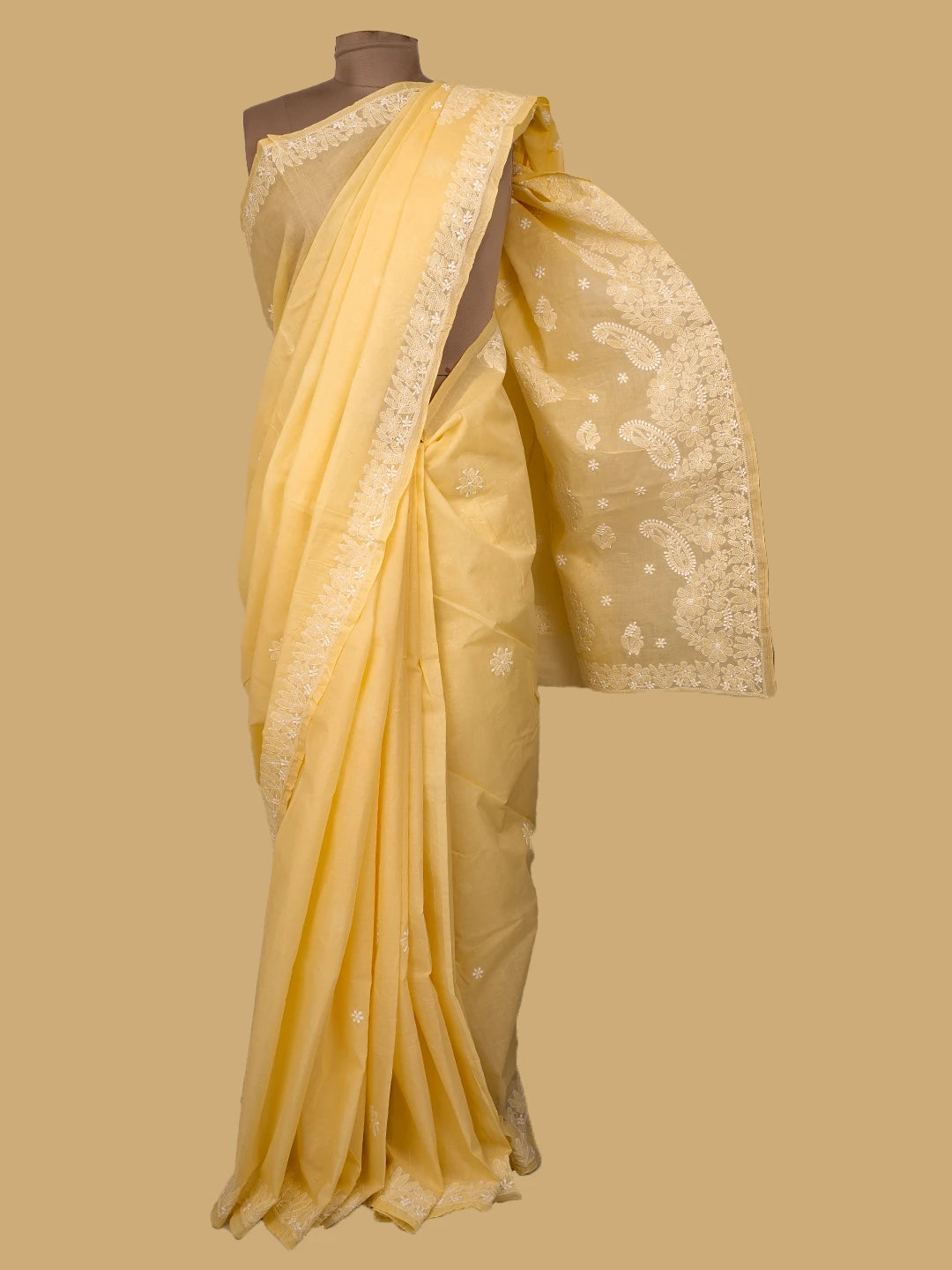Ada Hand Embroidered Yellow Cotton Lucknowi Chikankari Saree and Blouse 01A720517