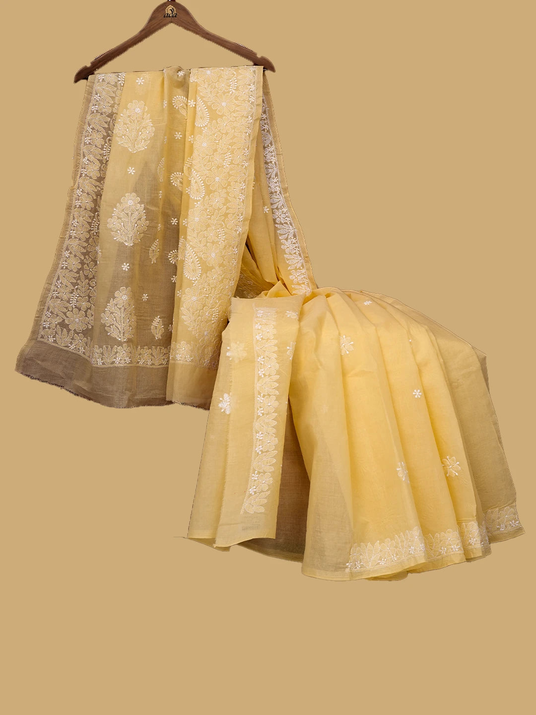 Ada Hand Embroidered Yellow Cotton Lucknowi Chikankari Saree and Blouse 01A720517