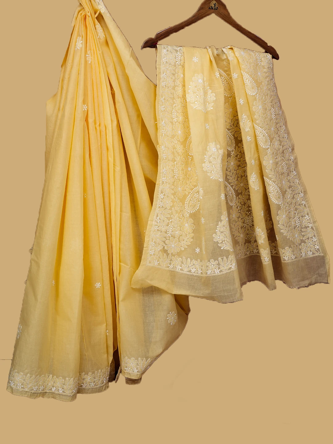 Ada Hand Embroidered Yellow Cotton Lucknowi Chikankari Saree and Blouse 01A720517