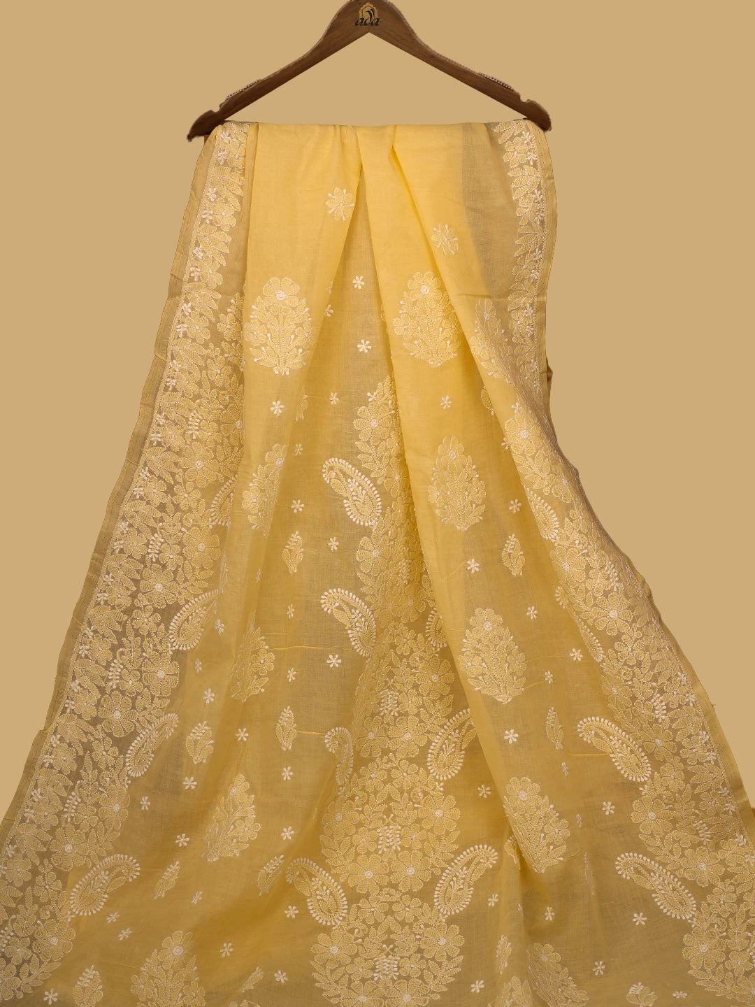 Ada Hand Embroidered Yellow Cotton Lucknowi Chikankari Saree and Blouse 01A720517