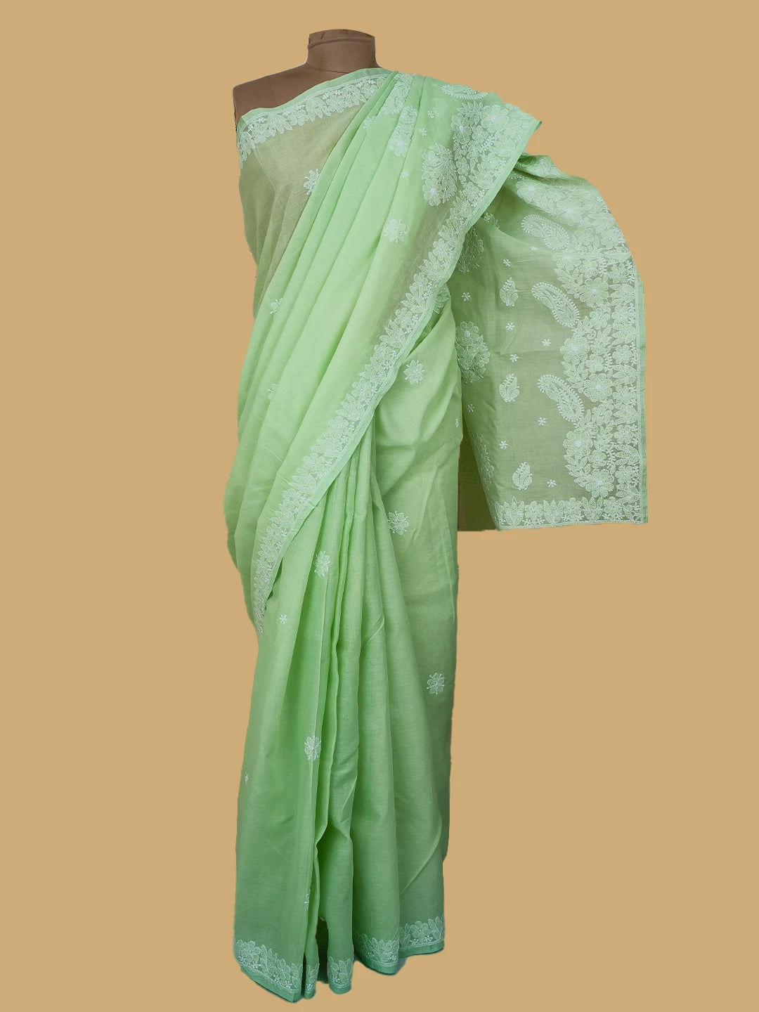 Ada Hand Embroidered Pista Green Cotton Lucknowi Chikankari Saree and Blouse 01A720561