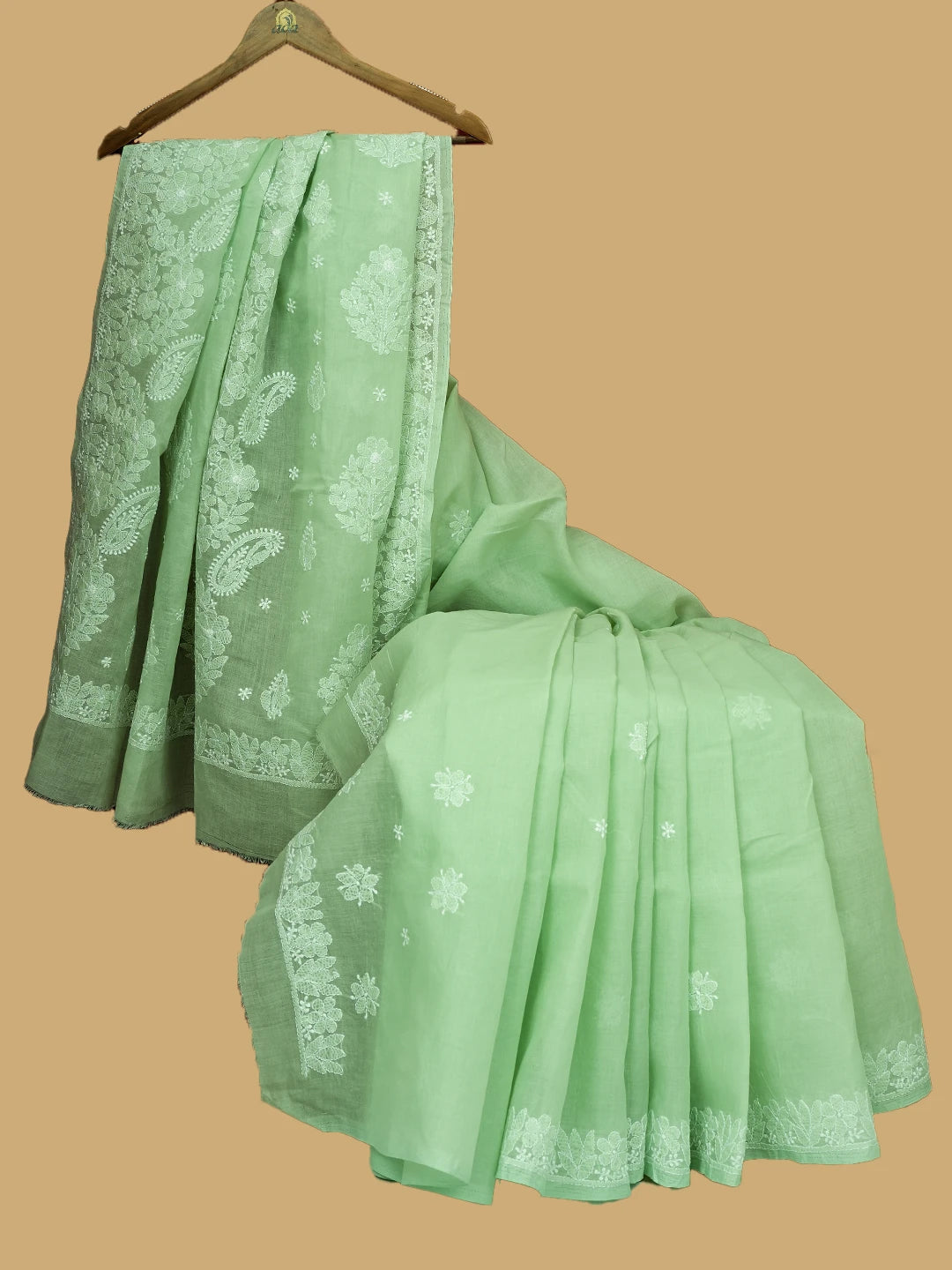 Ada Hand Embroidered Pista Green Cotton Lucknowi Chikankari Saree and Blouse 01A720561