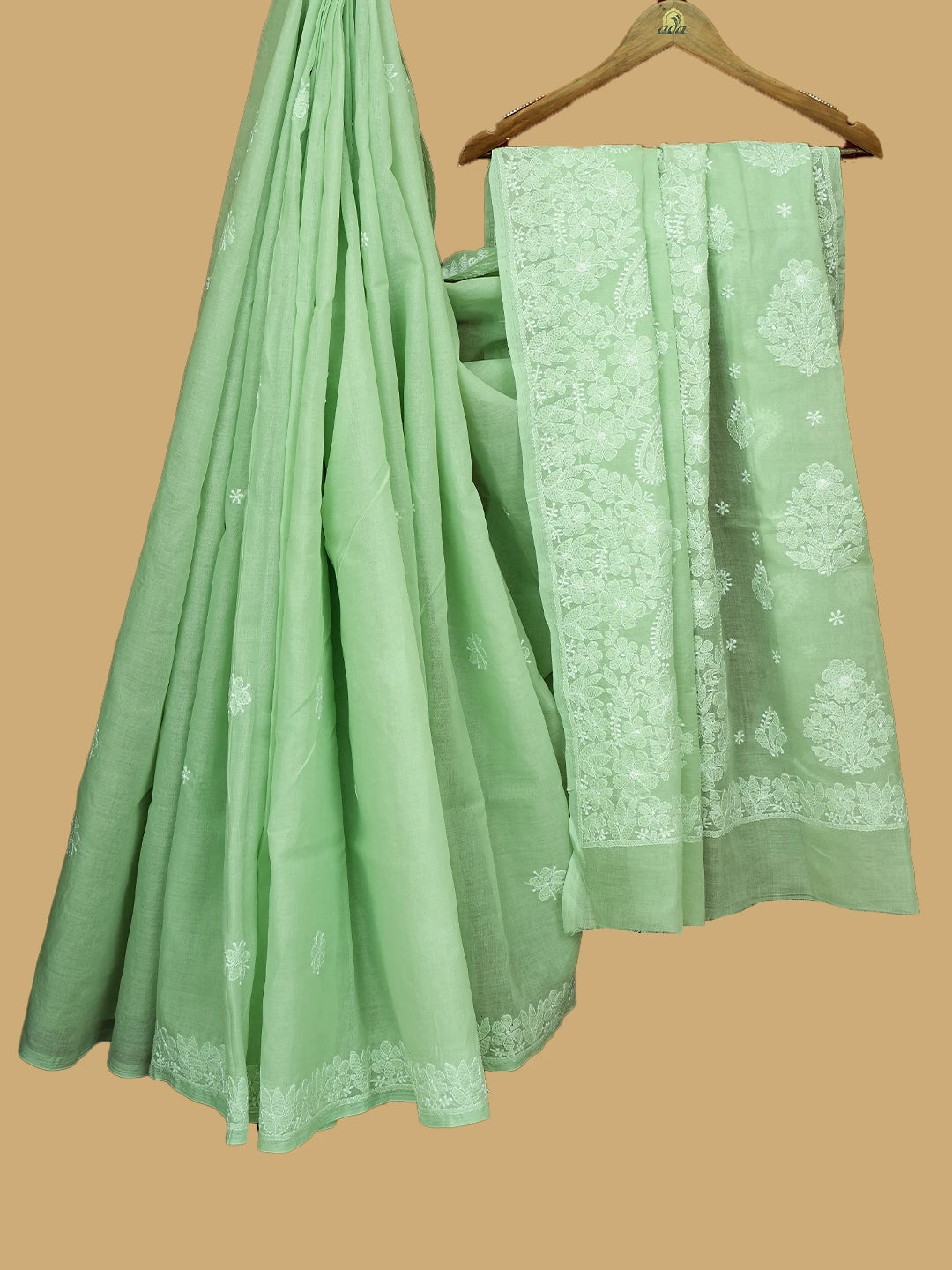 Ada Hand Embroidered Pista Green Cotton Lucknowi Chikankari Saree and Blouse 01A720561