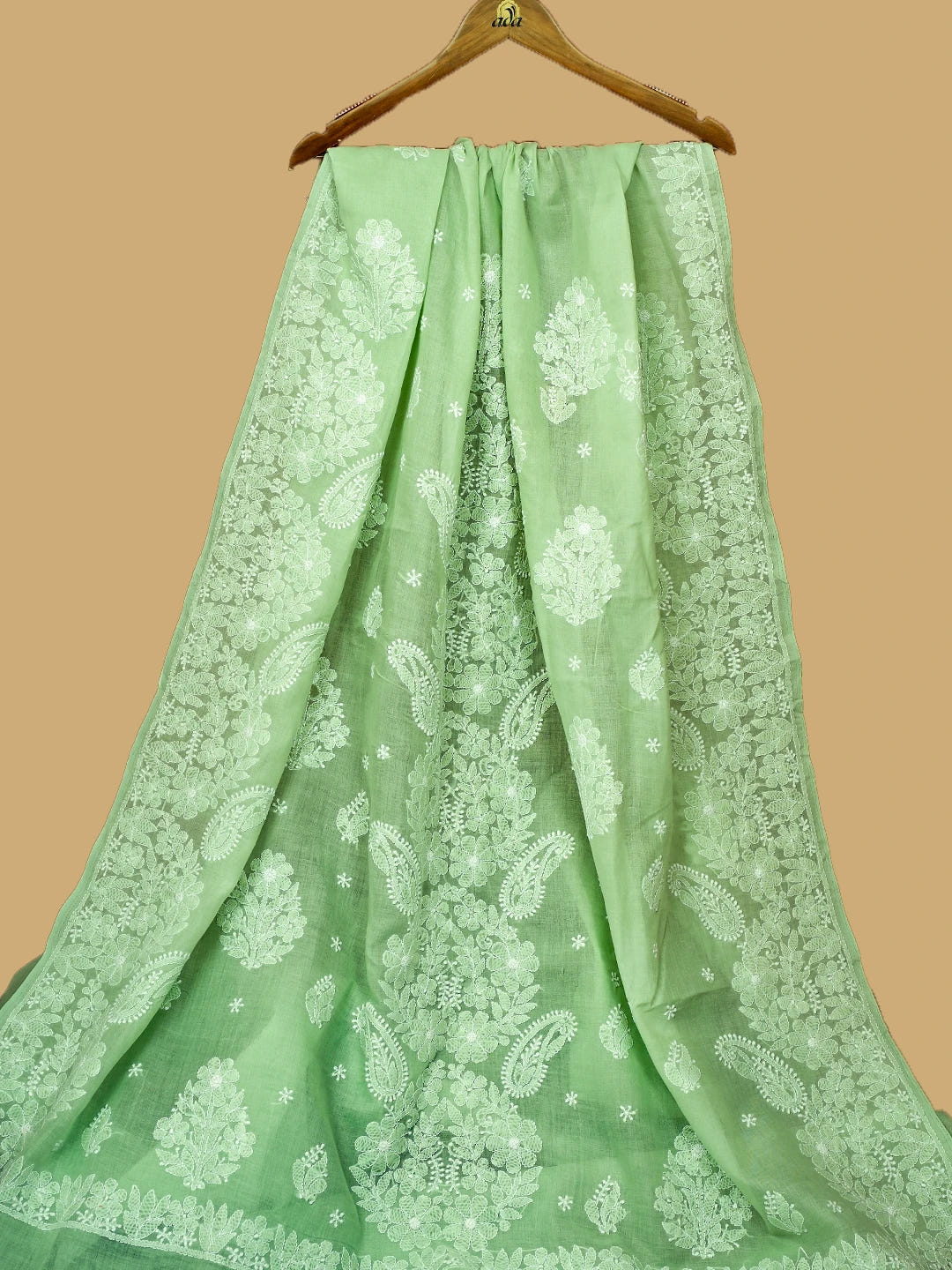 Ada Hand Embroidered Pista Green Cotton Lucknowi Chikankari Saree and Blouse 01A720561