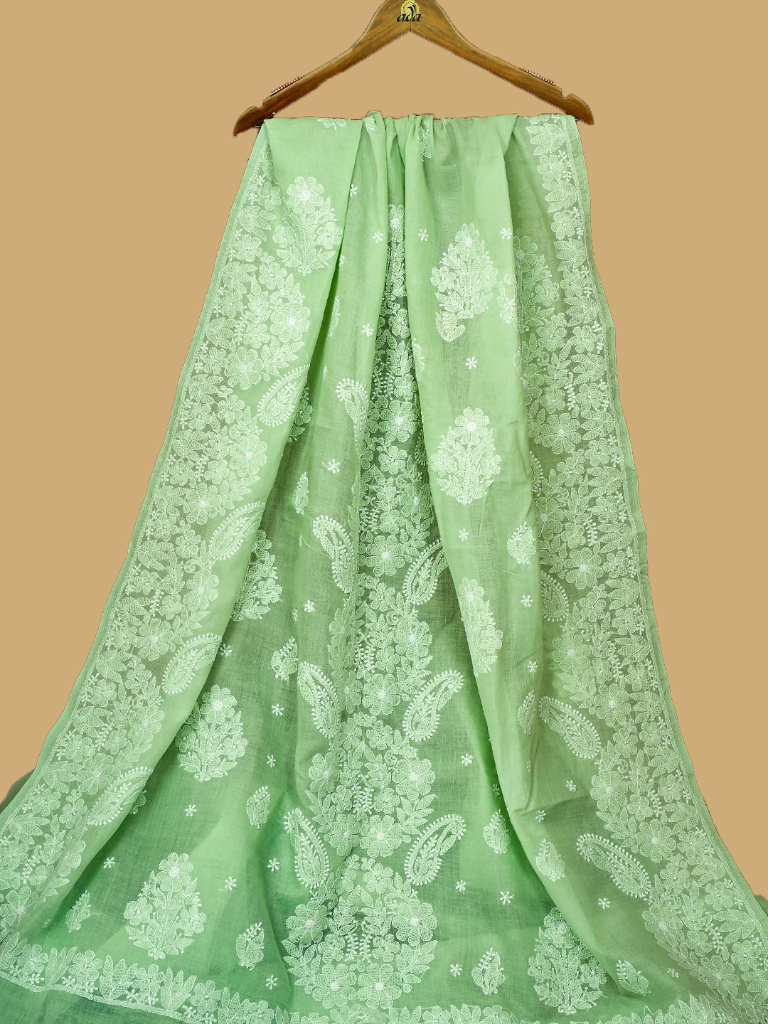Ada Hand Embroidered Pista Green Cotton Lucknowi Chikankari Saree and Blouse 01A720561