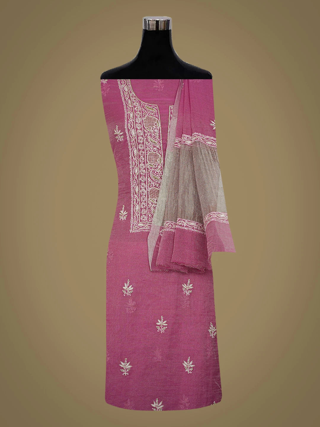 Ada Hand Embroidered Magenta Tissue Lucknowi Chikankari Unstitched Kurta Dupatta Set With Cutdana Work 01A702532