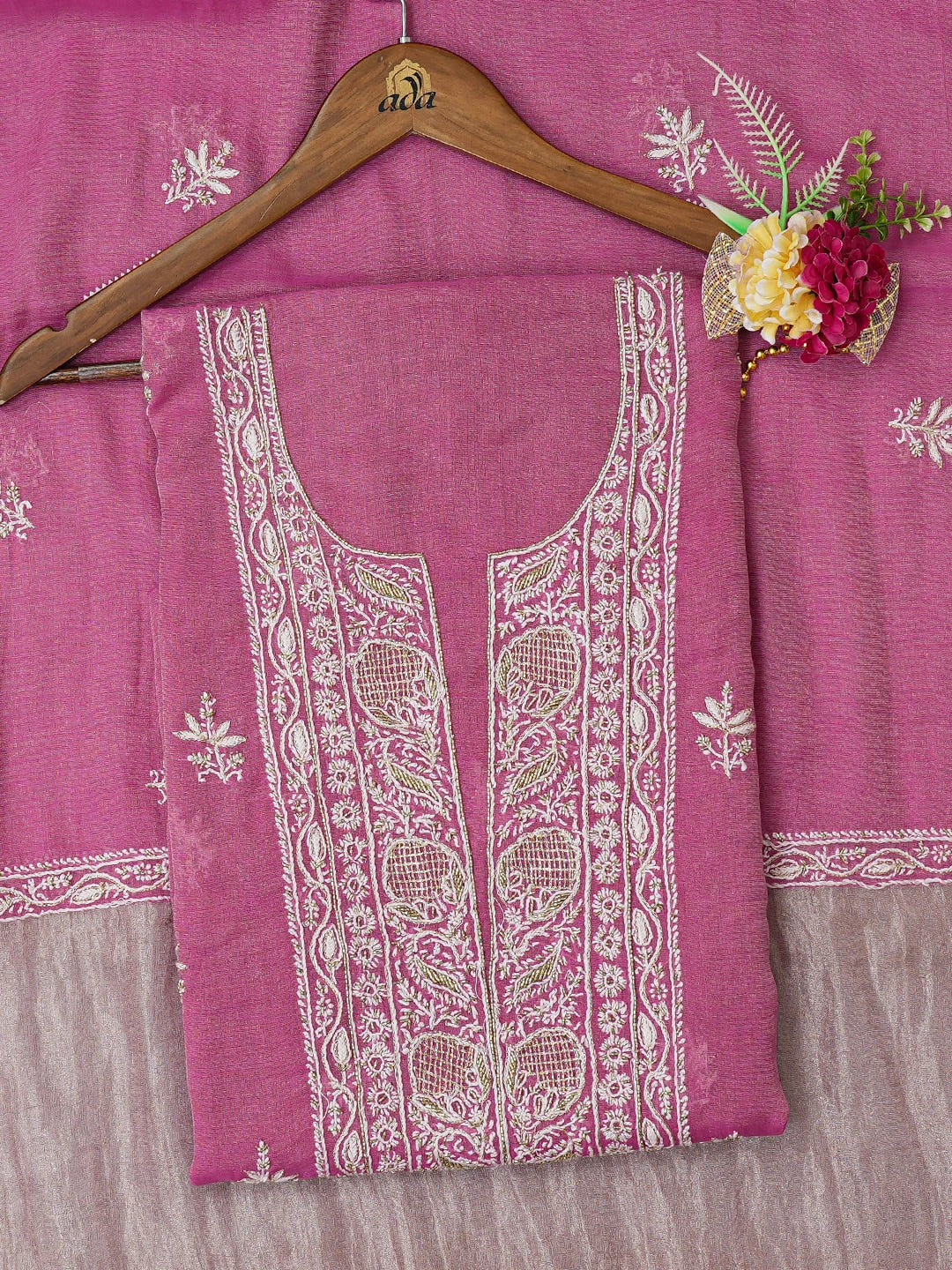Ada Hand Embroidered Magenta Tissue Lucknowi Chikankari Unstitched Kurta Dupatta Set With Cutdana Work 01A702532