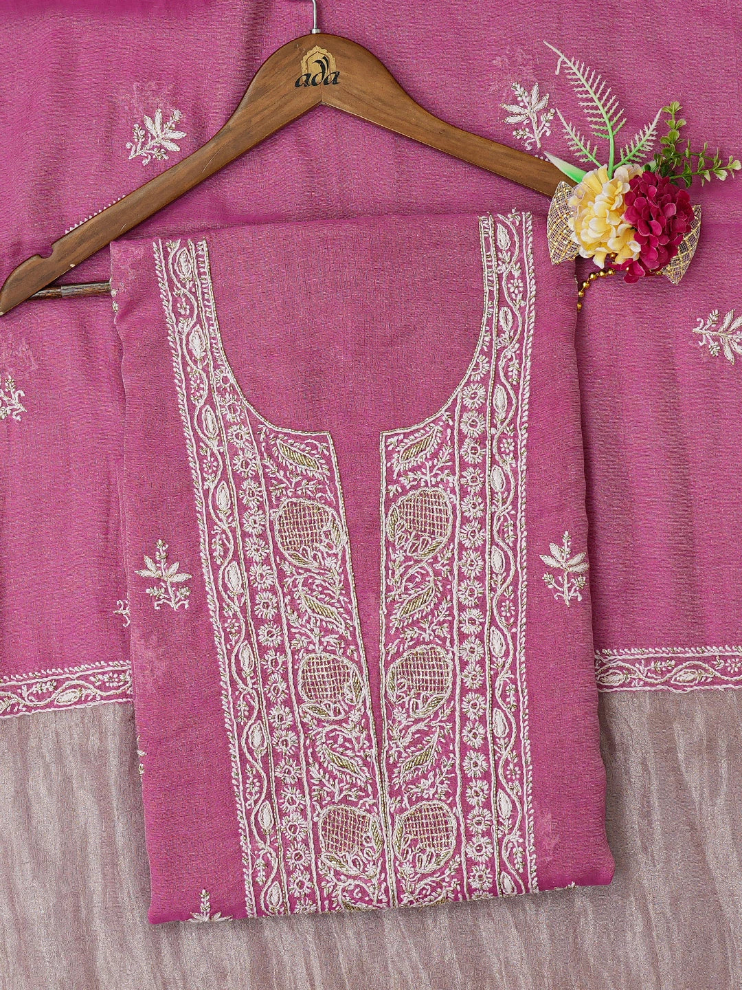 Ada Hand Embroidered Magenta Tissue Lucknowi Chikankari Unstitched Kurta Dupatta Set With Cutdana Work 01A702532