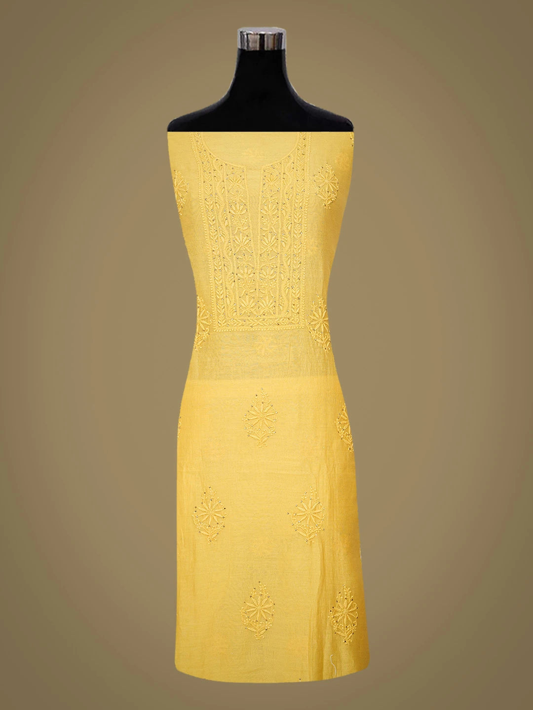 Ada Hand Embroidered Yellow Chanderi Lucknowi Chikankari Unstitched Kurta Dupatta Set With Muqaish Work 01A207252