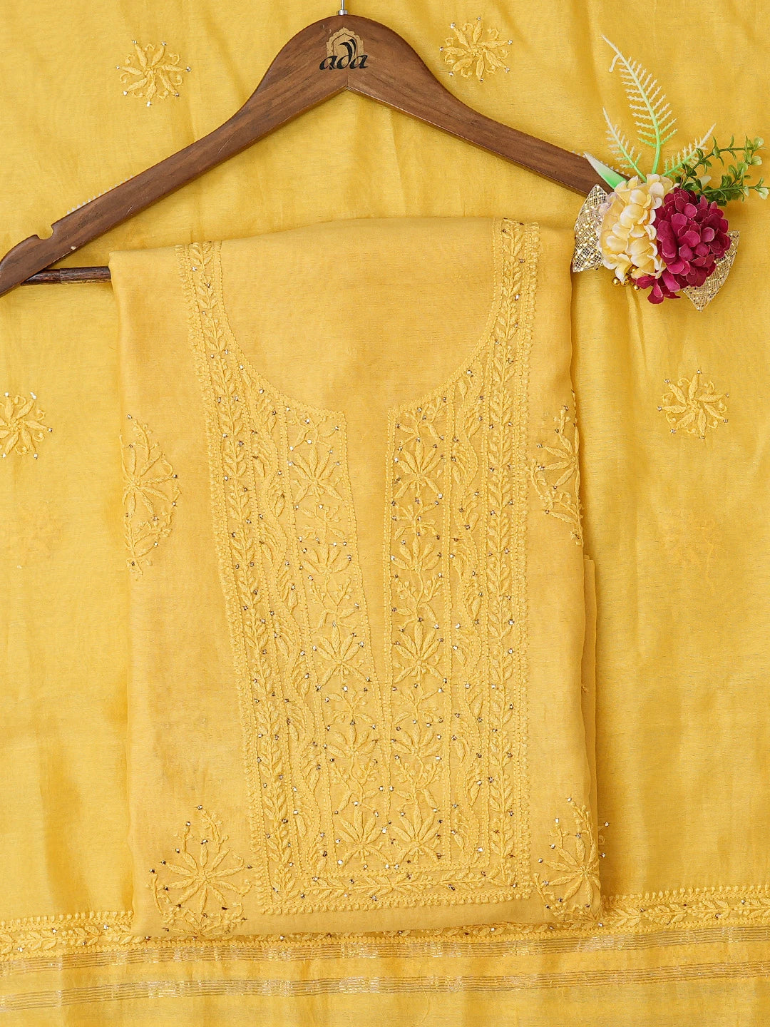 Ada Hand Embroidered Yellow Chanderi Lucknowi Chikankari Unstitched Kurta Dupatta Set With Muqaish Work 01A207252