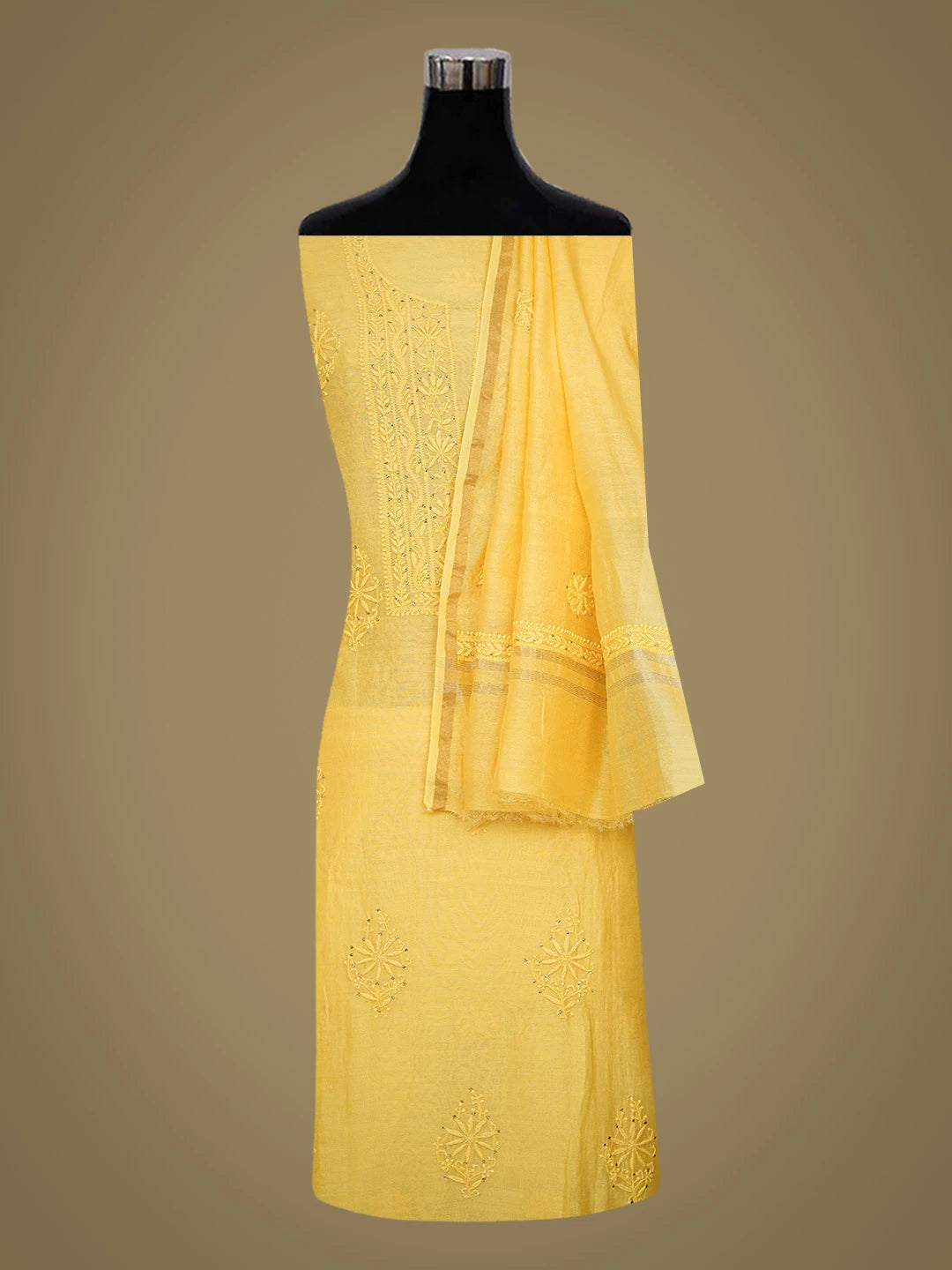 Ada Hand Embroidered Yellow Chanderi Lucknowi Chikankari Unstitched Kurta Dupatta Set With Muqaish Work 01A207252