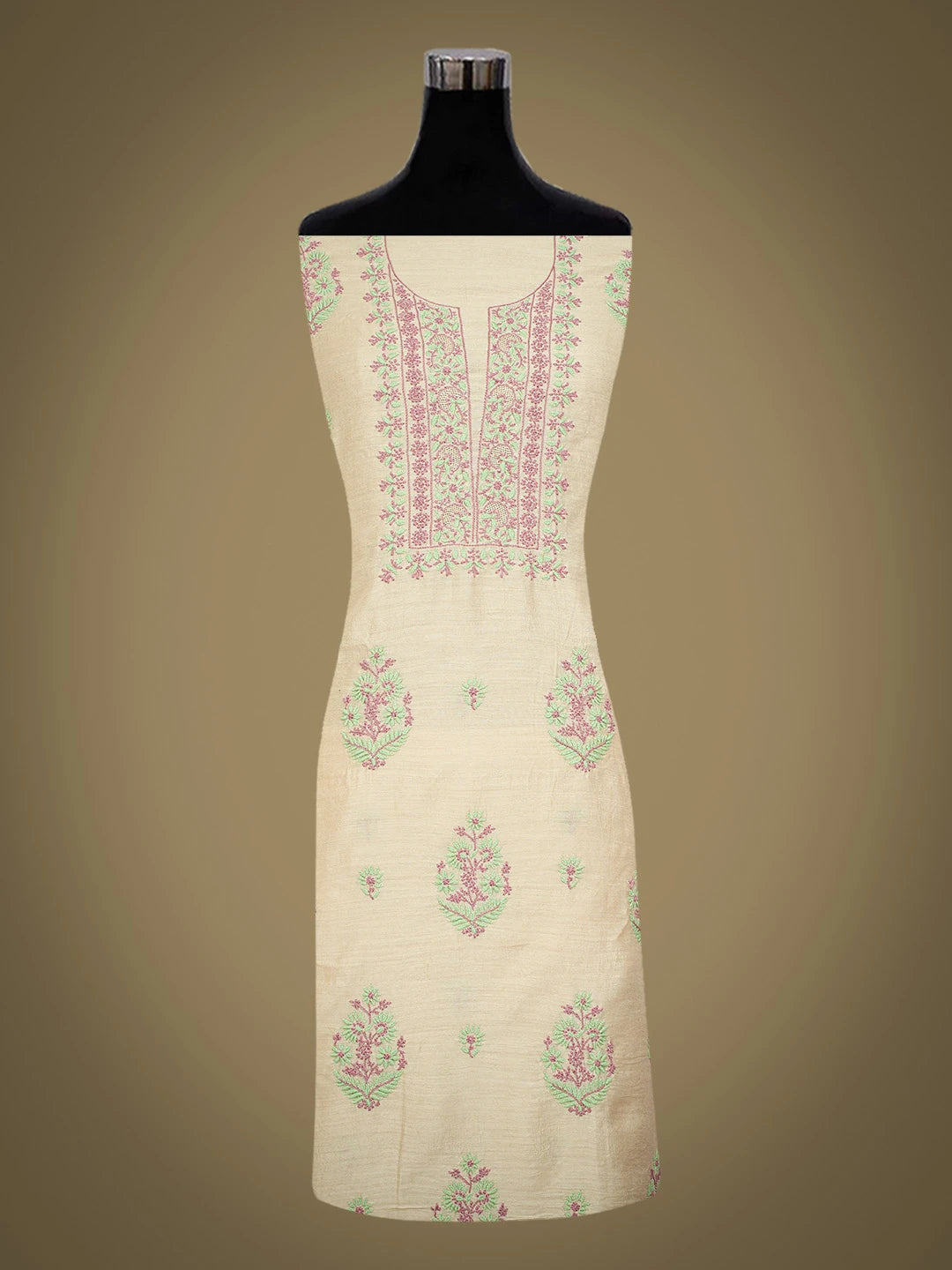 Ada Hand Embroidered Fawn Moonga Silk Lucknowi Chikankari Unstitched Kurta Dupatta Set 01A669096