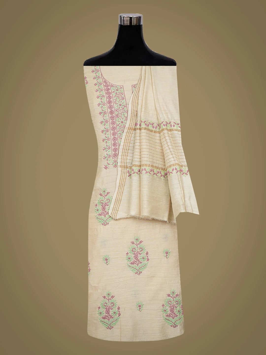 Ada Hand Embroidered Fawn Moonga Silk Lucknowi Chikankari Unstitched Kurta Dupatta Set 01A669096