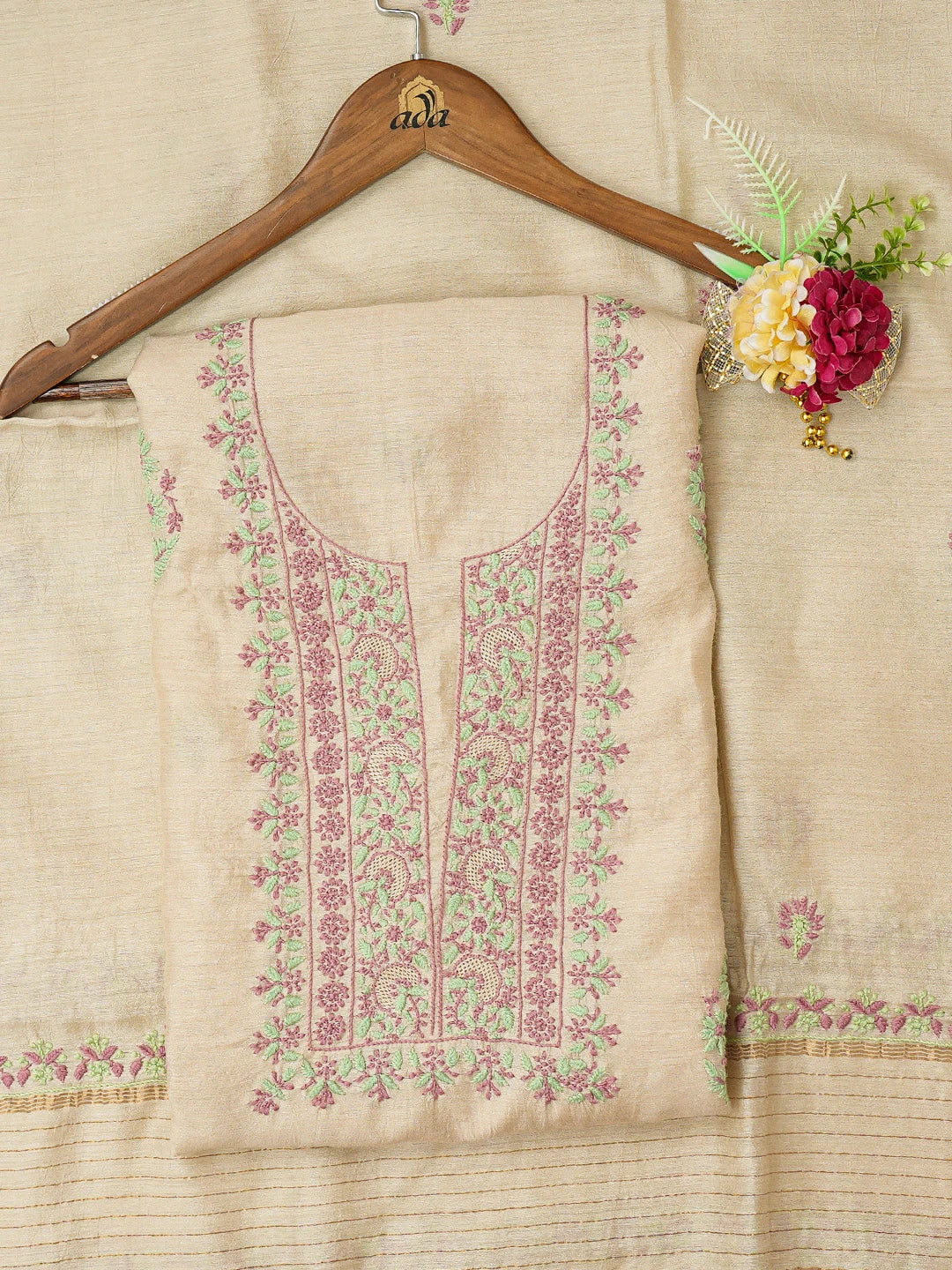 Ada Hand Embroidered Fawn Moonga Silk Lucknowi Chikankari Unstitched Kurta Dupatta Set 01A669096