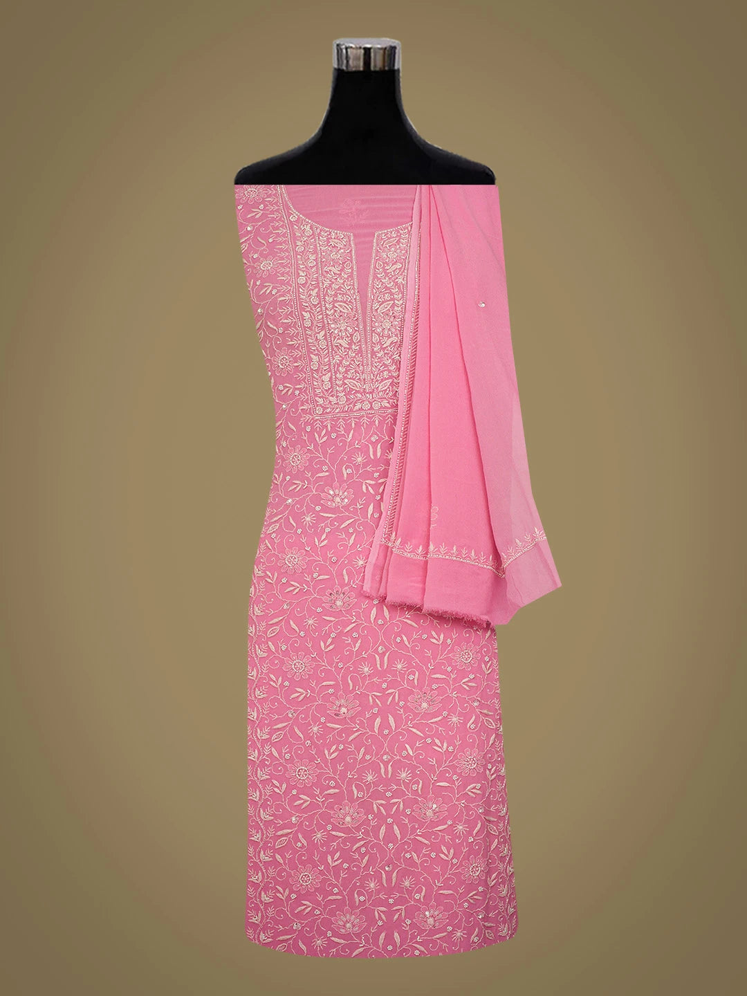 Ada Hand Embroidered Blush Pink Viscose Georgette Lucknowi Chikankari Unstitched Kurta Dupatta Set with Sequinned Work 01A685761