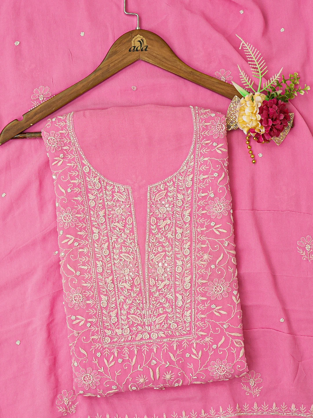 Ada Hand Embroidered Blush Pink Viscose Georgette Lucknowi Chikankari Unstitched Kurta Dupatta Set with Sequinned Work 01A685761