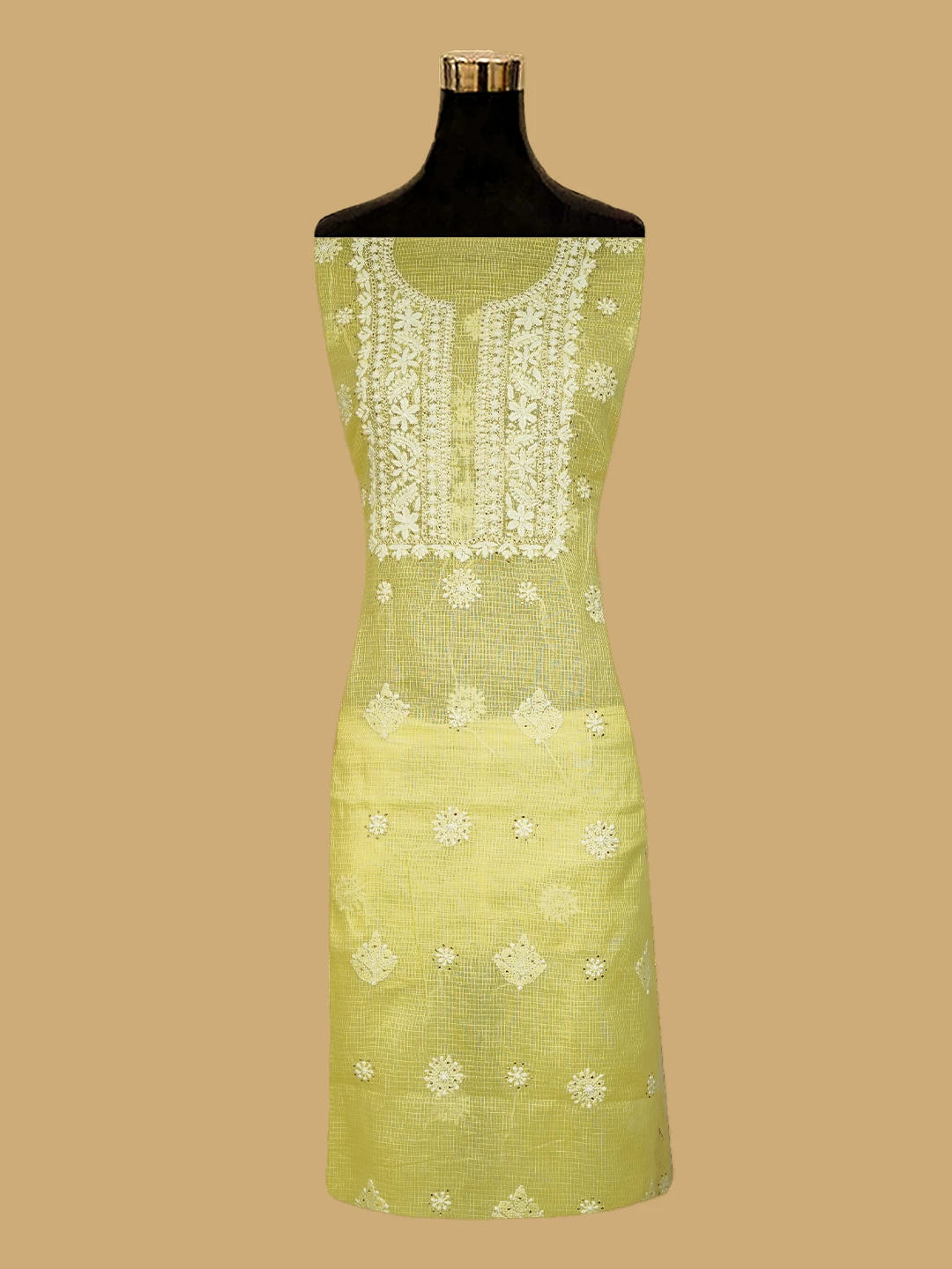 Ada Hand Embroidered Lemon Kota Lucknowi Chikankari Kurta Dupatta Set With Muqaish Work 01A574065