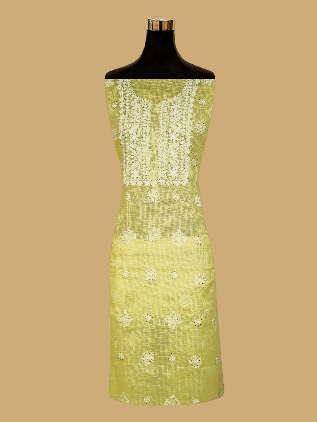 Ada Hand Embroidered Lemon Kota Lucknowi Chikankari Kurta Dupatta Set With Muqaish Work 01A574065