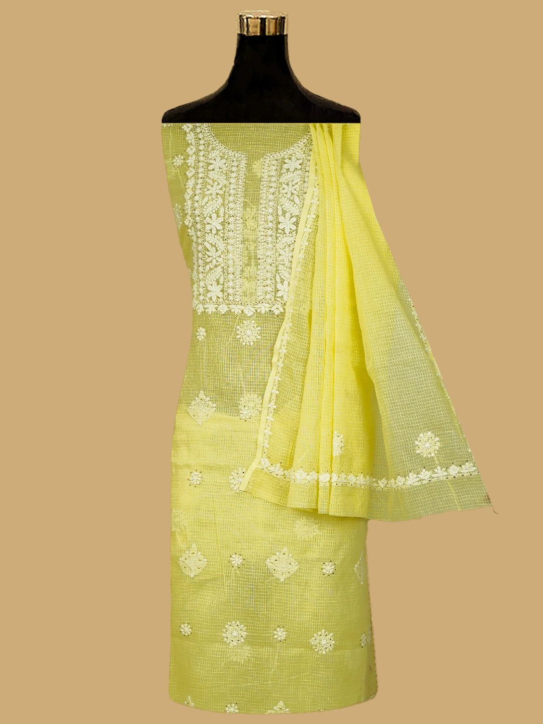 Ada Hand Embroidered Lemon Kota Lucknowi Chikankari Kurta Dupatta Set With Muqaish Work 01A574065