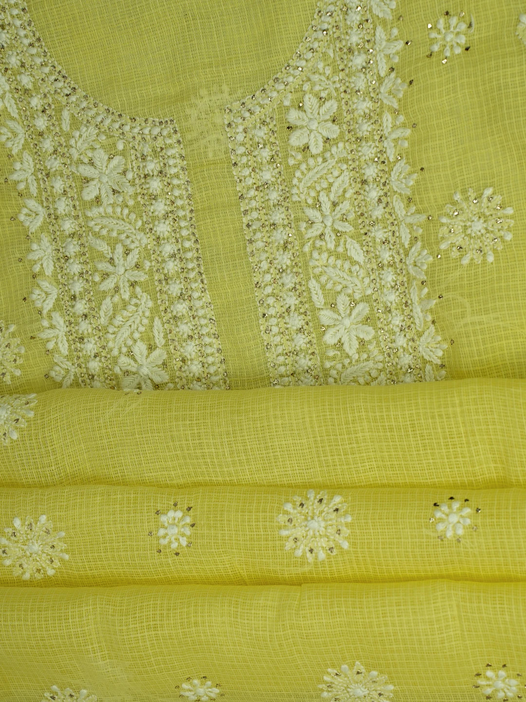 Ada Hand Embroidered Lemon Kota Lucknowi Chikankari Kurta Dupatta Set With Muqaish Work 01A574065