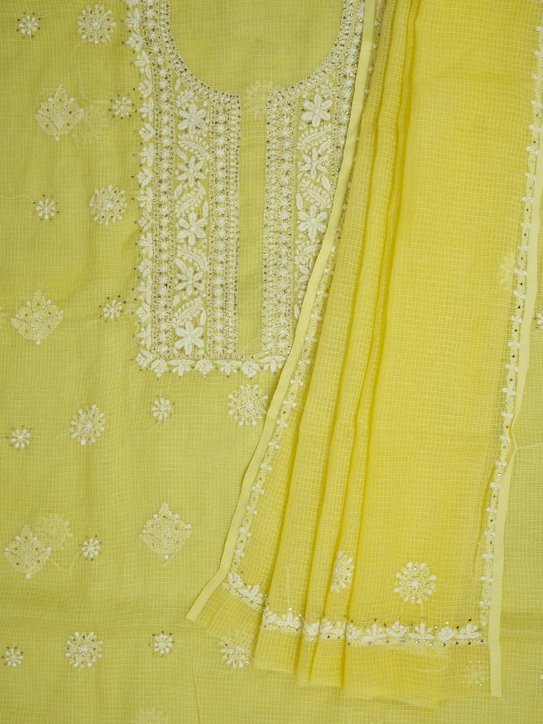 Ada Hand Embroidered Lemon Kota Lucknowi Chikankari Kurta Dupatta Set With Muqaish Work 01A574065