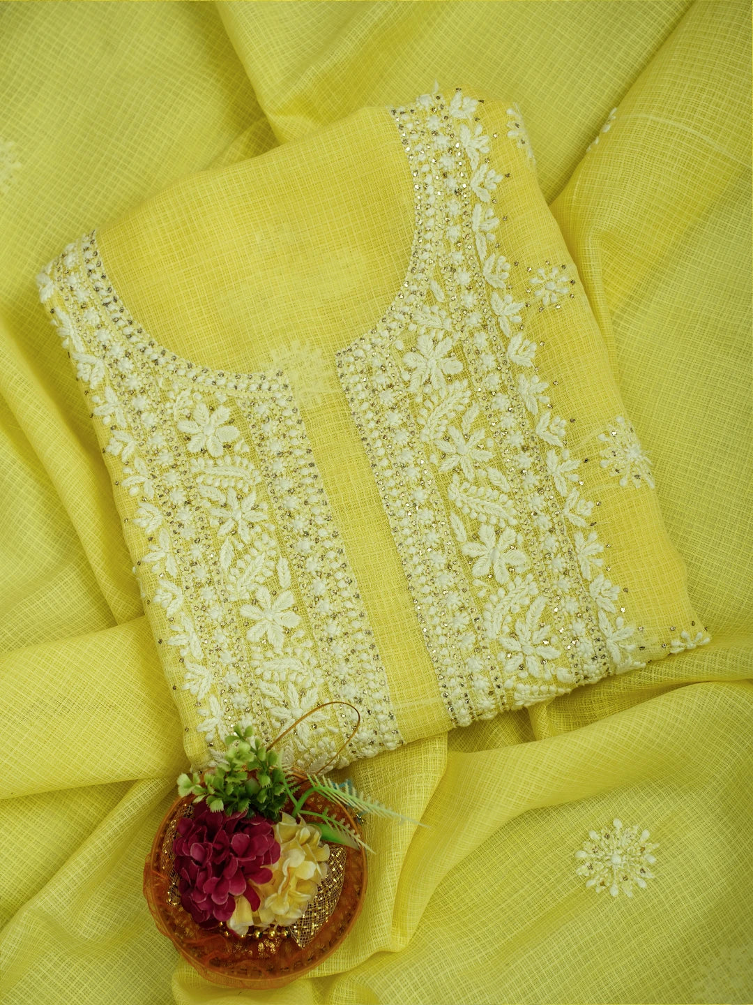 Ada Hand Embroidered Lemon Kota Lucknowi Chikankari Kurta Dupatta Set With Muqaish Work 01A574065
