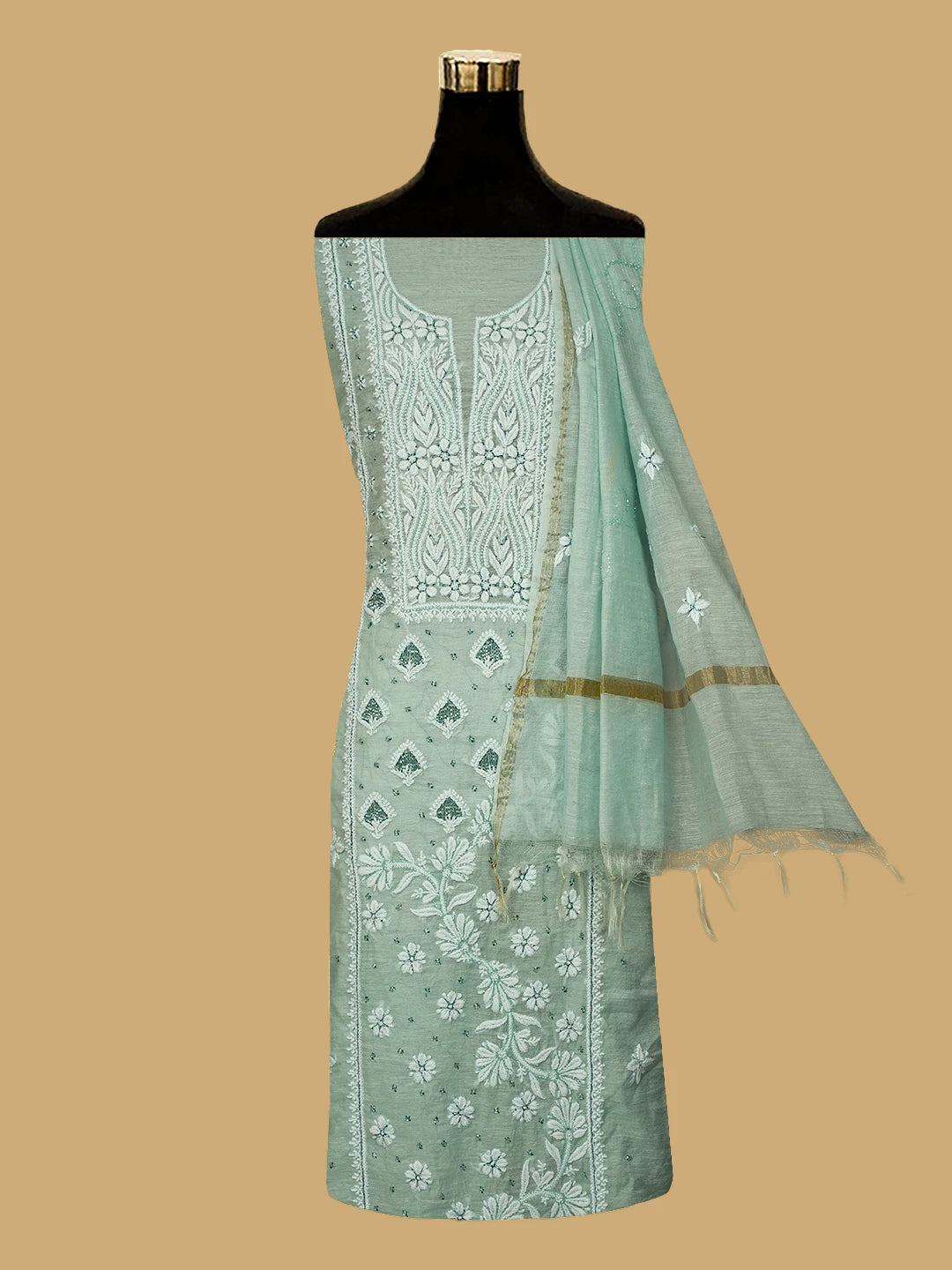 Ada Hand Embroidered Tiffany Blue Chanderi Lucknowi Chikankari Unstitched Kurta Dupatta Set With Cutdana Work 01A717576