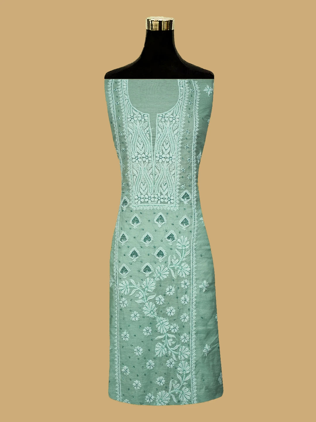 Ada Hand Embroidered Tiffany Blue Chanderi Lucknowi Chikankari Unstitched Kurta Dupatta Set With Cutdana Work 01A717576