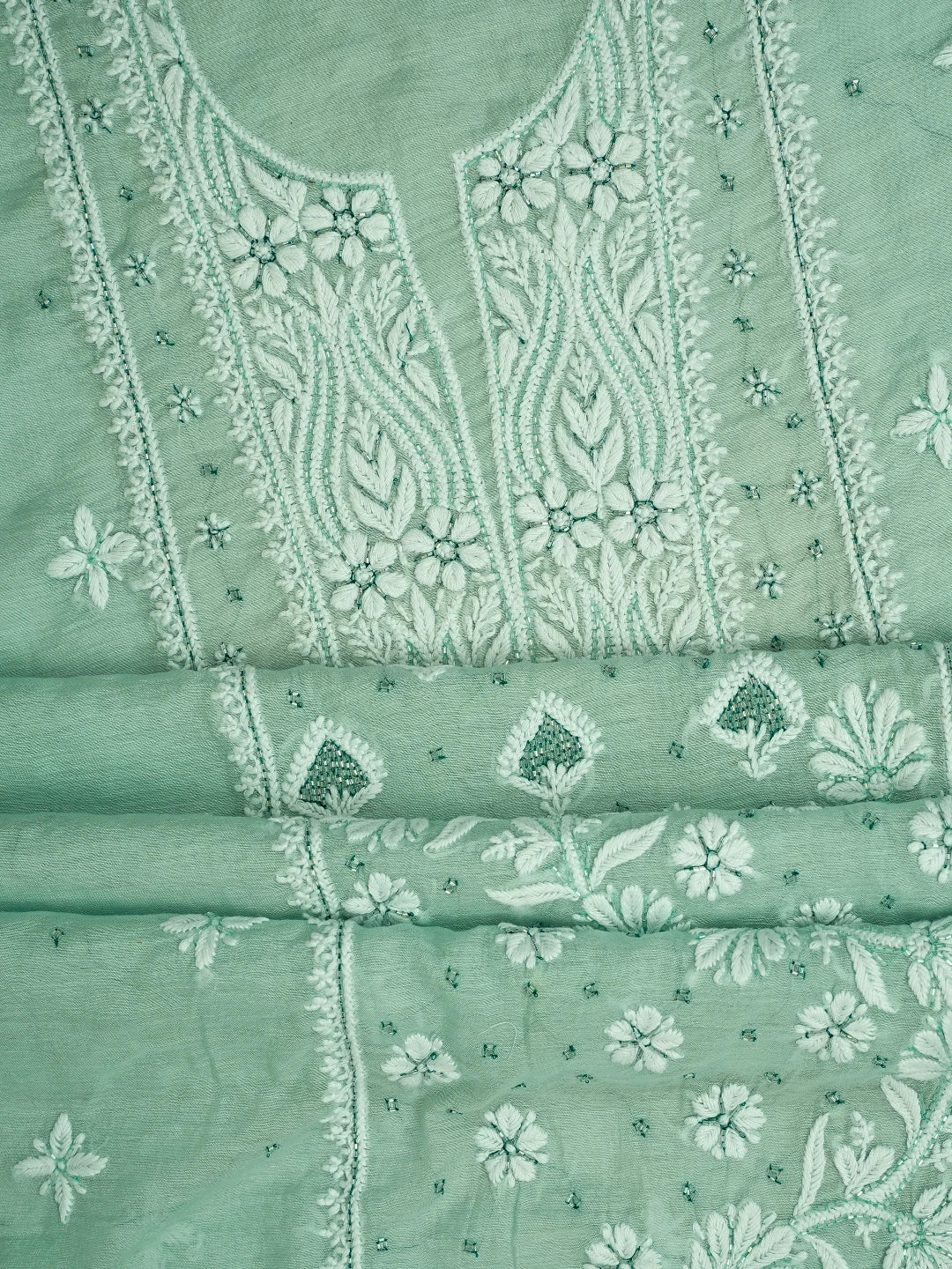 Ada Hand Embroidered Tiffany Blue Chanderi Lucknowi Chikankari Unstitched Kurta Dupatta Set With Cutdana Work 01A717576