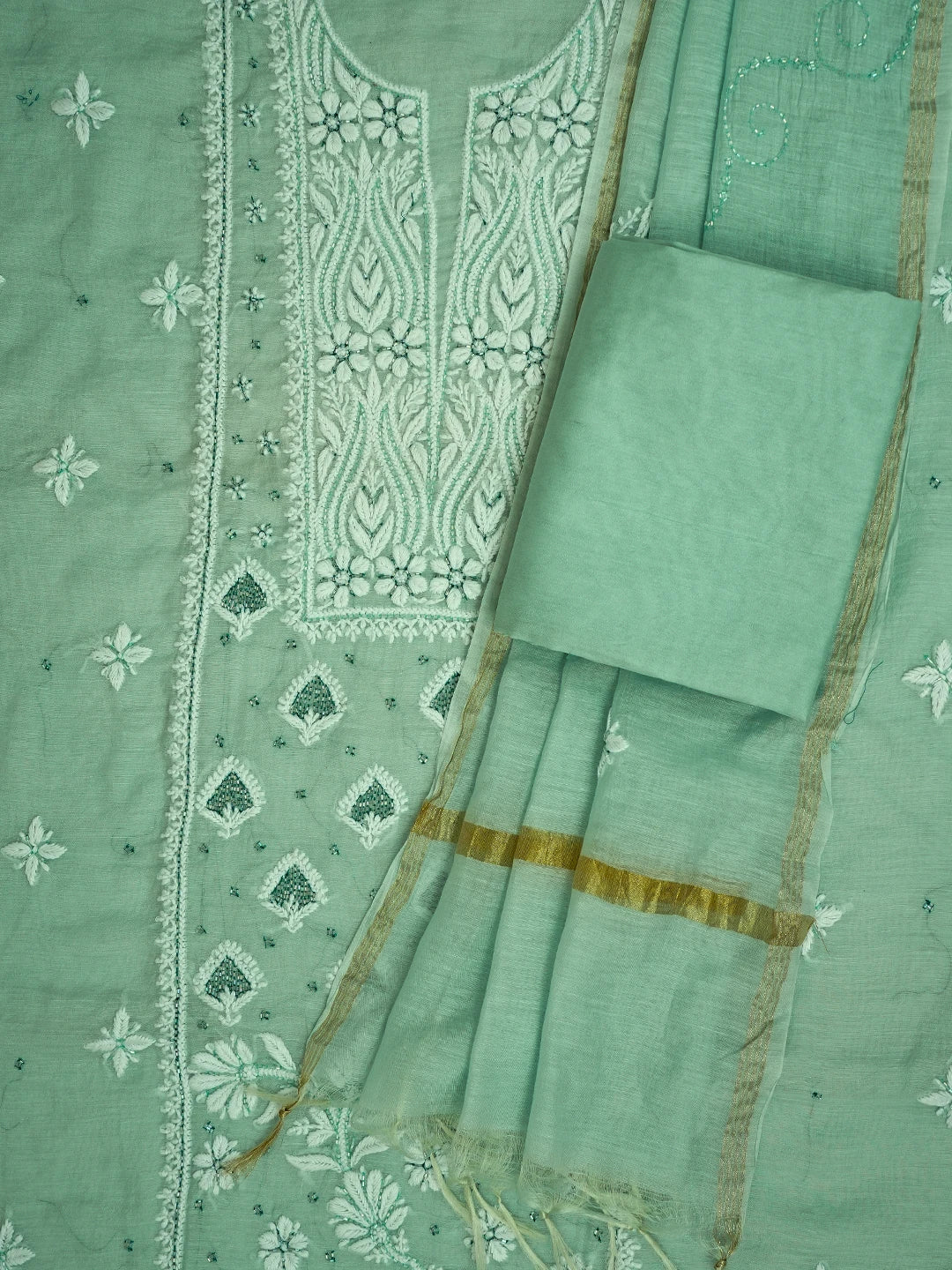 Ada Hand Embroidered Tiffany Blue Chanderi Lucknowi Chikankari Unstitched Kurta Dupatta Set With Cutdana Work 01A717576