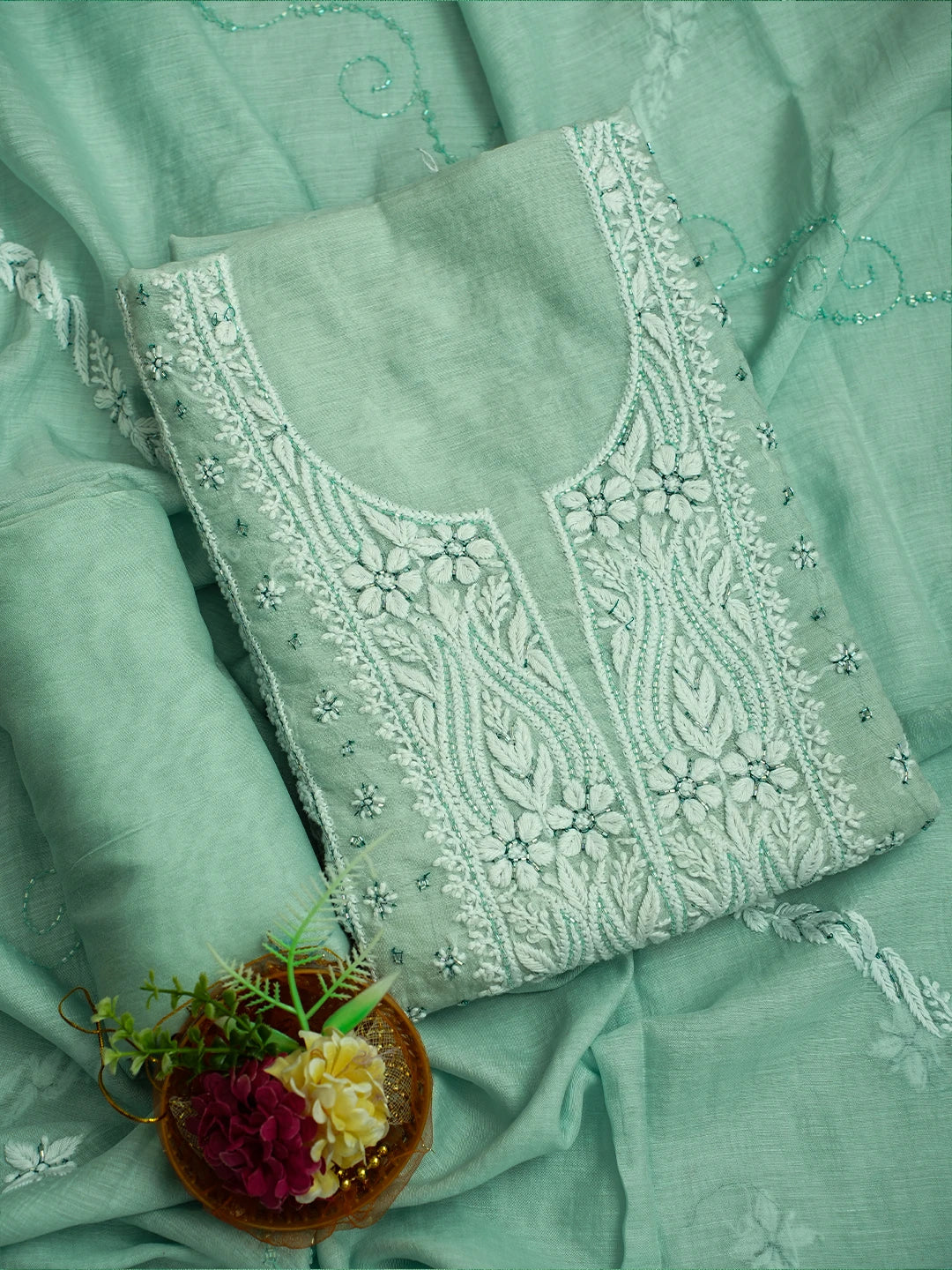 Ada Hand Embroidered Tiffany Blue Chanderi Lucknowi Chikankari Unstitched Kurta Dupatta Set With Cutdana Work 01A717576