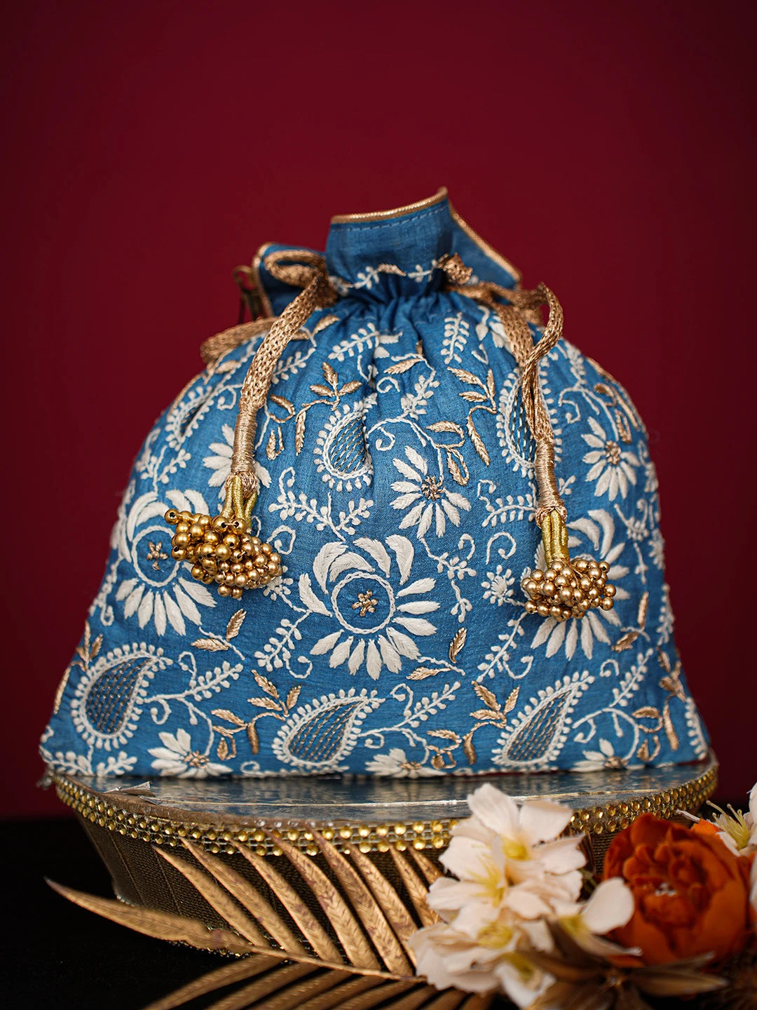 Ada Hand Embroidered Peacock Blue Silk Lucknowi Chikankari Potli Bag With Zari Work 01A725665