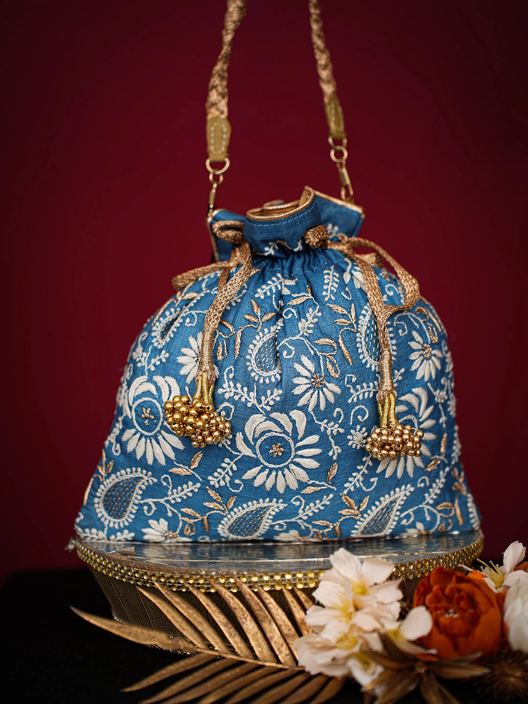 Ada Hand Embroidered Peacock Blue Silk Lucknowi Chikankari Potli Bag With Zari Work 01A725665