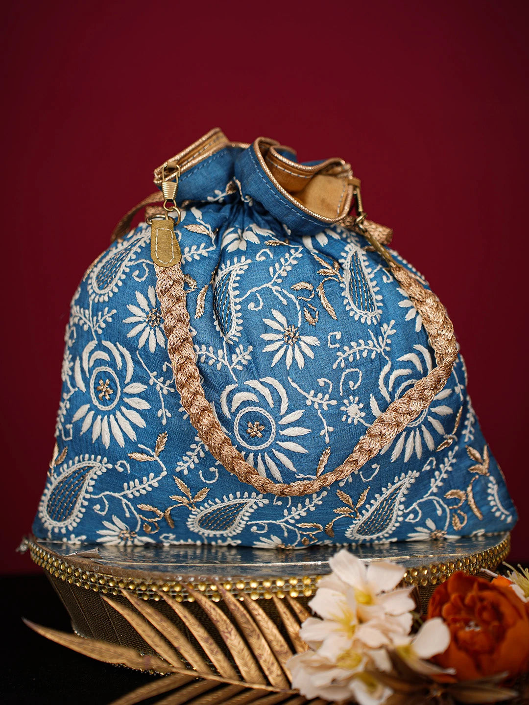 Ada Hand Embroidered Peacock Blue Silk Lucknowi Chikankari Potli Bag With Zari Work 01A725665