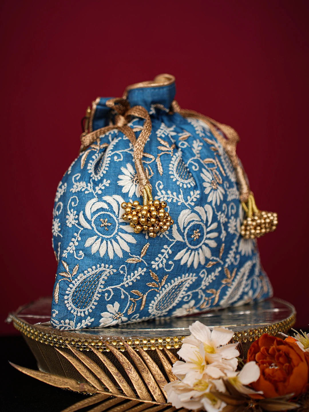 Ada Hand Embroidered Peacock Blue Silk Lucknowi Chikankari Potli Bag With Zari Work 01A725665