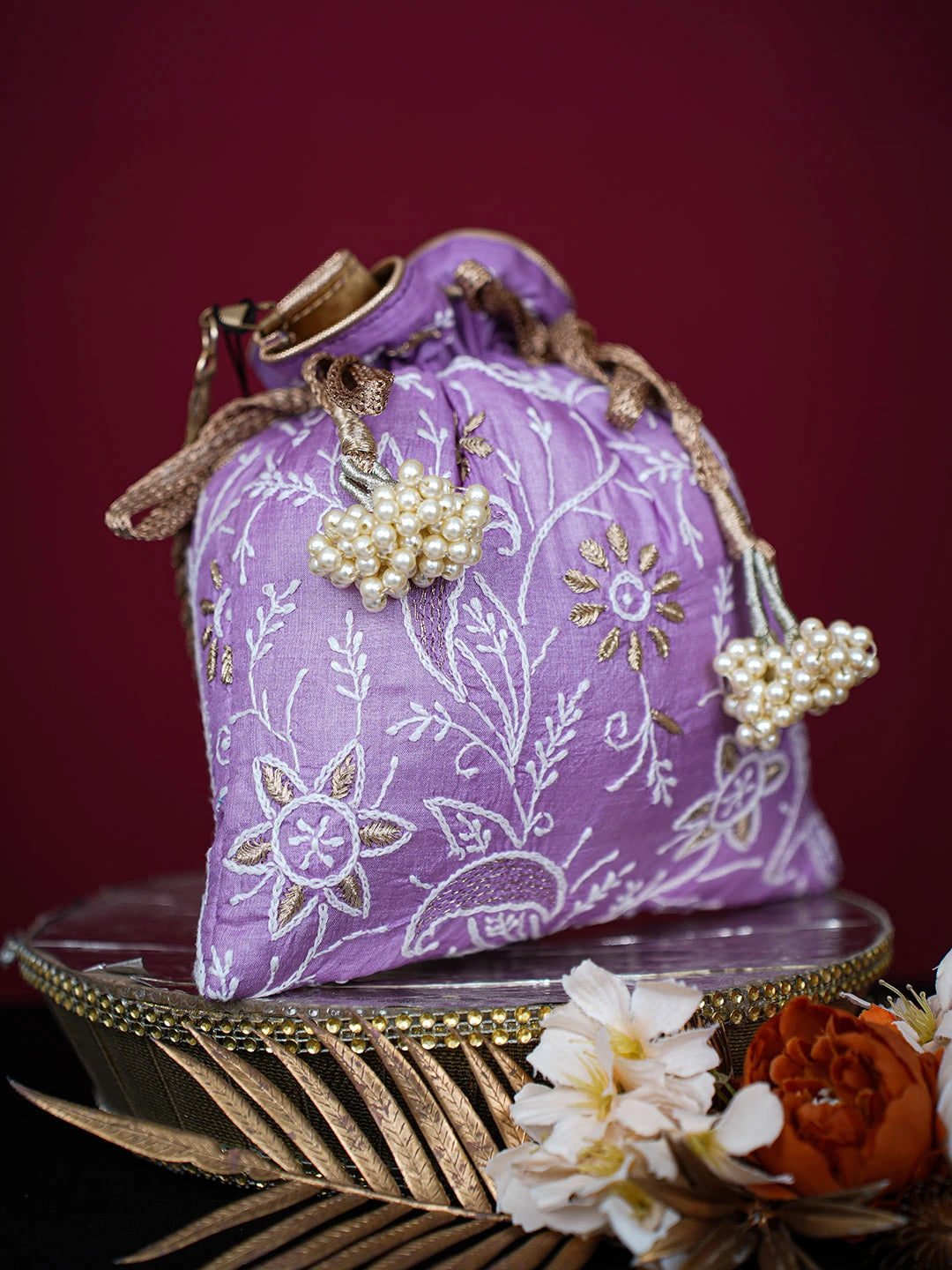 Ada Hand Embroidered Mauve Silk Lucknowi Chikankari Potli Bag With Zari Work 01A696516