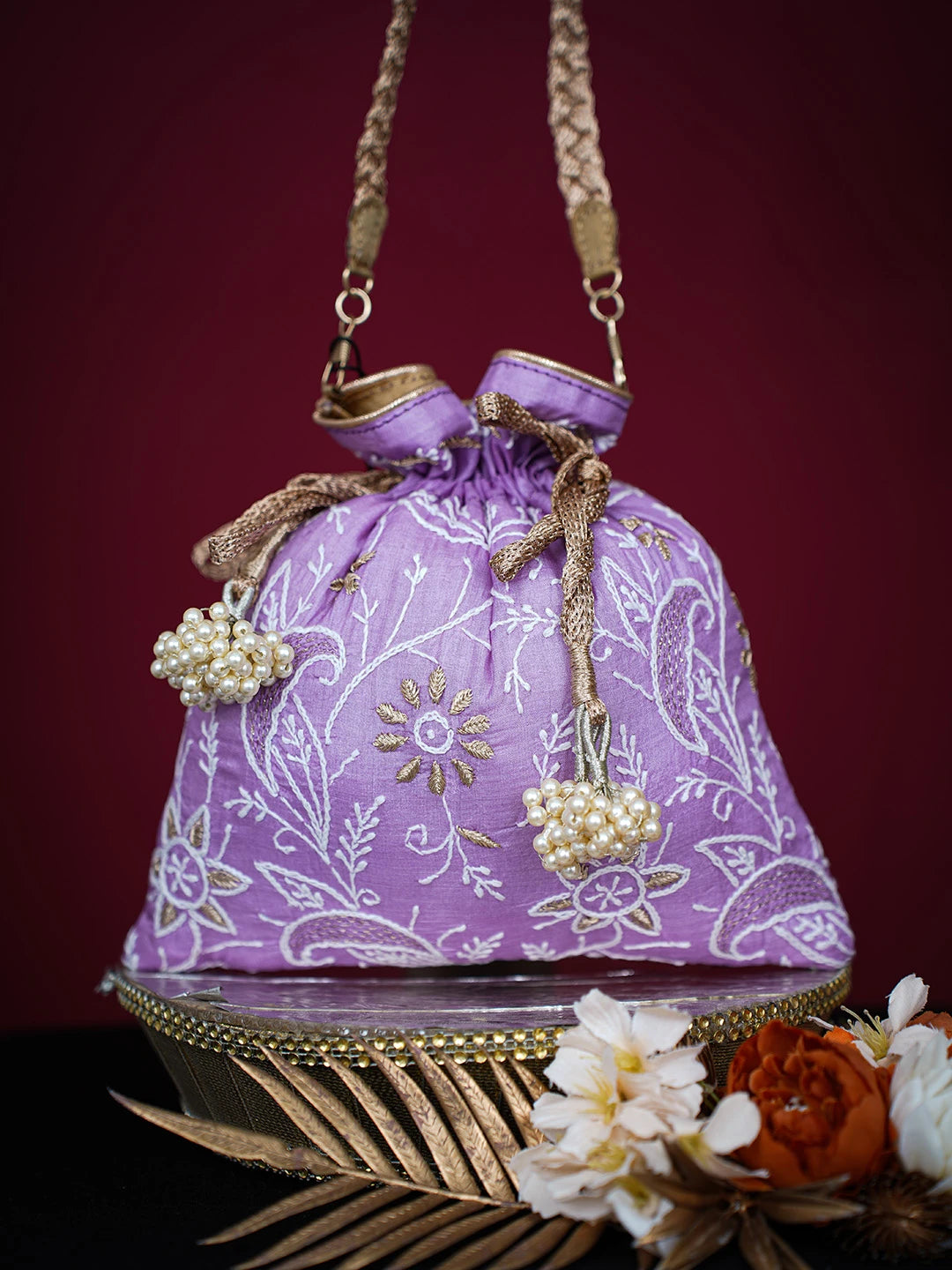 Ada Hand Embroidered Mauve Silk Lucknowi Chikankari Potli Bag With Zari Work 01A696516