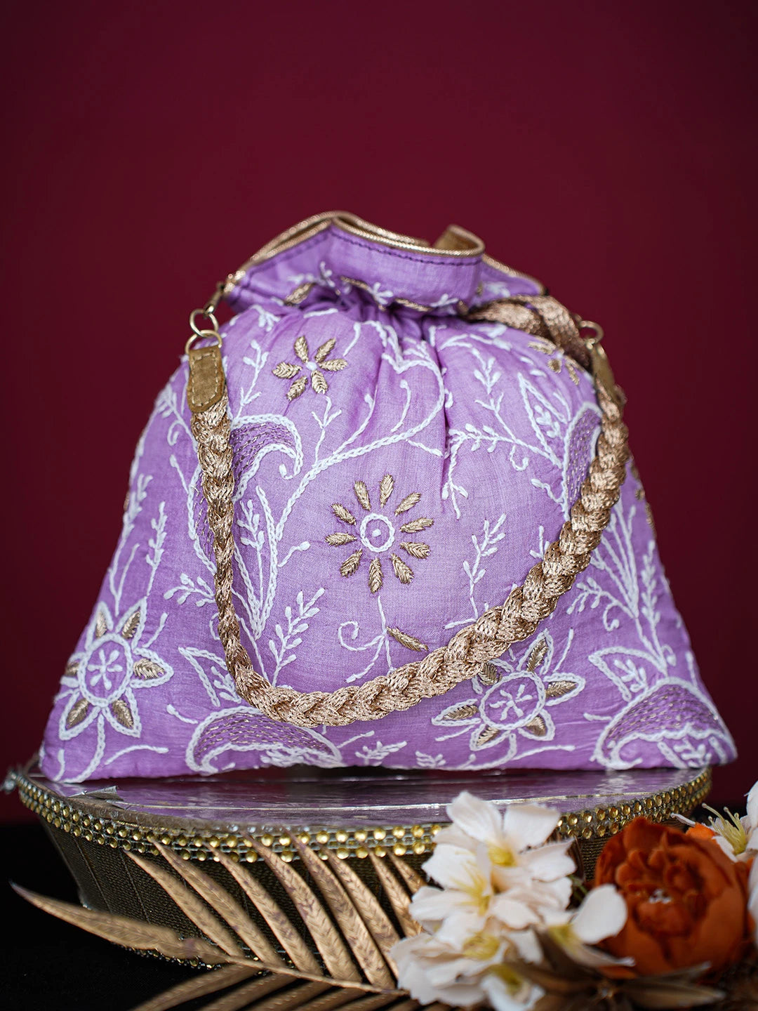 Ada Hand Embroidered Mauve Silk Lucknowi Chikankari Potli Bag With Zari Work 01A696516
