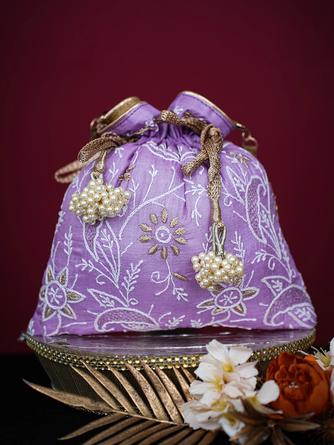 Ada Hand Embroidered Mauve Silk Lucknowi Chikankari Potli Bag With Zari Work 01A696516