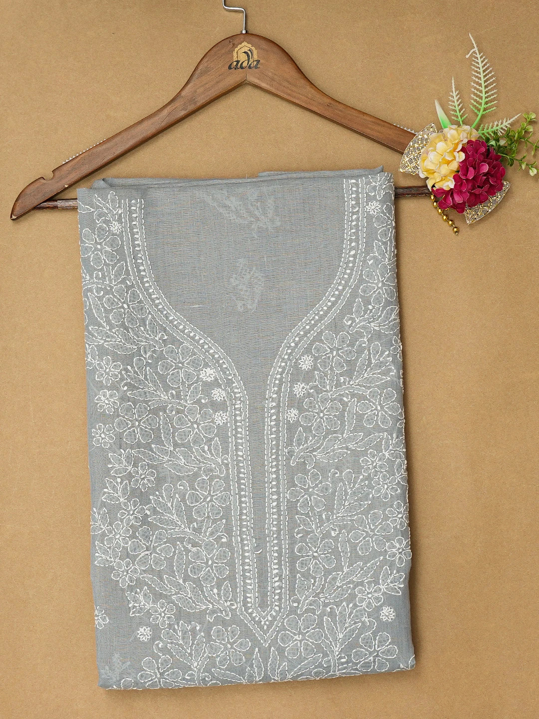 Ada Hand Embroidered Grey Cotton Lucknowi Chikankari Unstitched Kurta Piece 01A725132