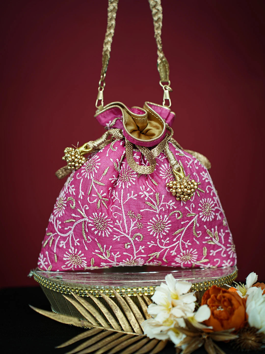 Ada Hand Embroidered Magenta Silk Lucknowi Chikankari Potli Bag With Zari Work 01A718929