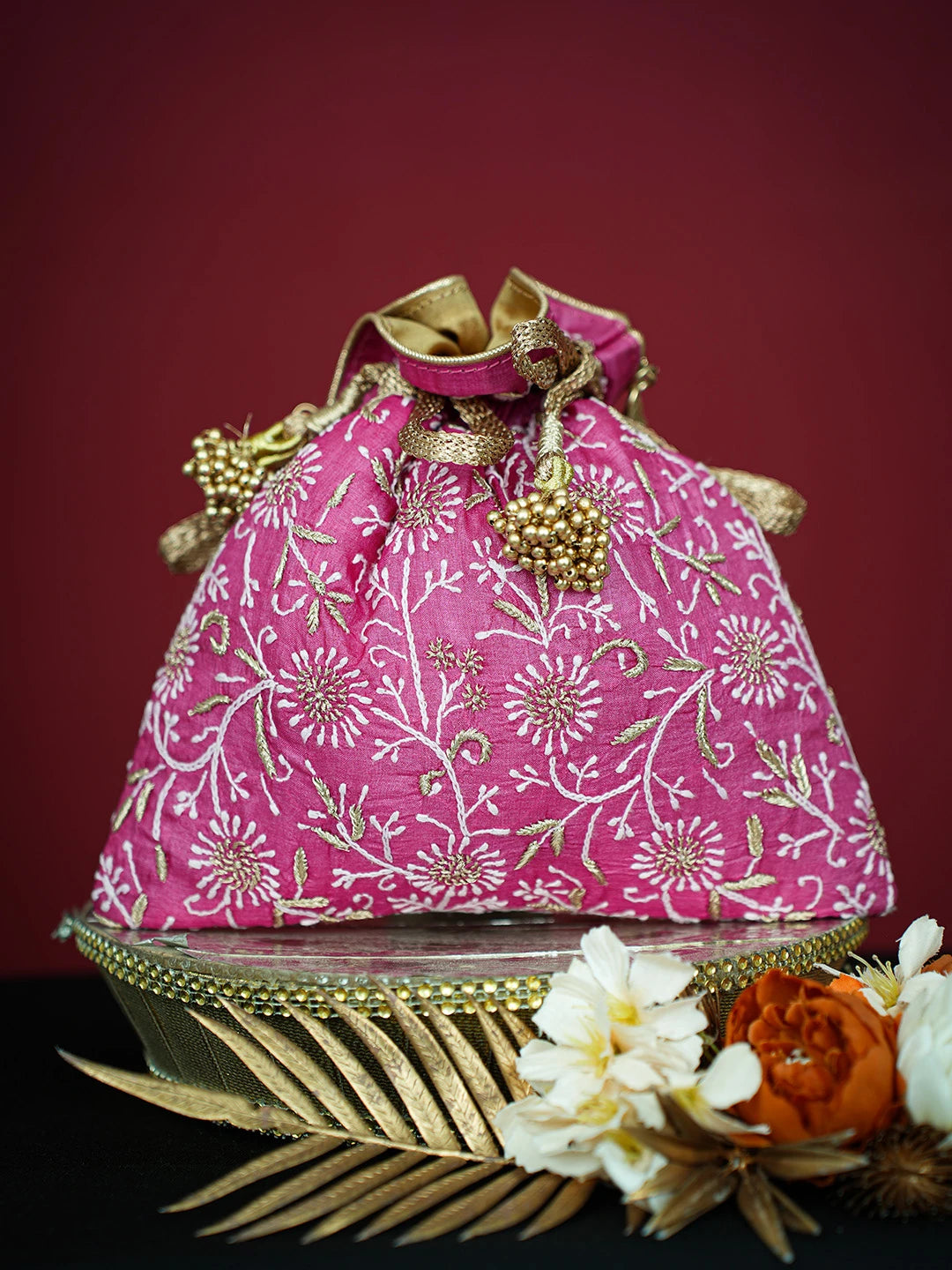 Ada Hand Embroidered Magenta Silk Lucknowi Chikankari Potli Bag With Zari Work 01A718929