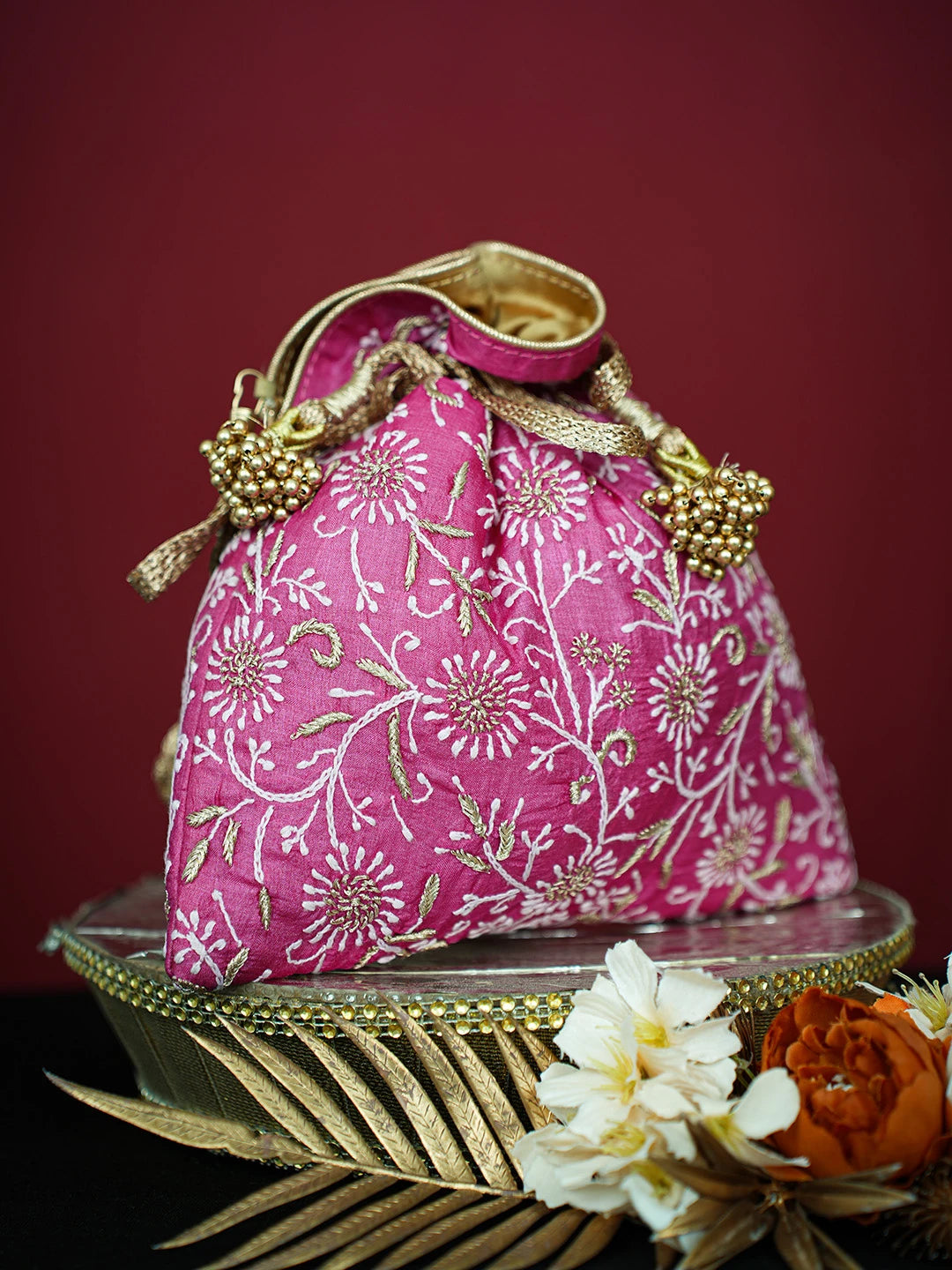 Ada Hand Embroidered Magenta Silk Lucknowi Chikankari Potli Bag With Zari Work 01A718929