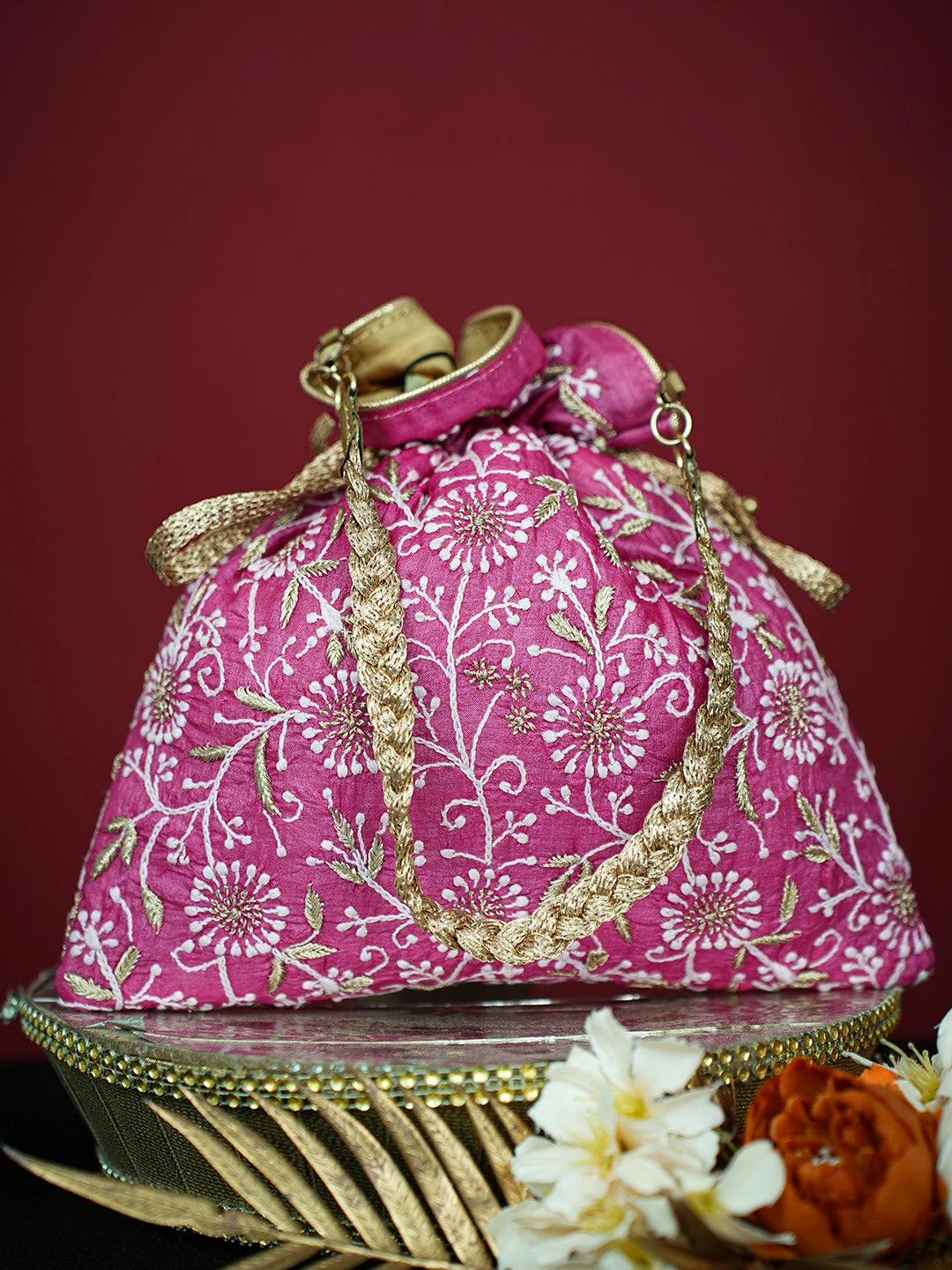 Ada Hand Embroidered Magenta Silk Lucknowi Chikankari Potli Bag With Zari Work 01A718929