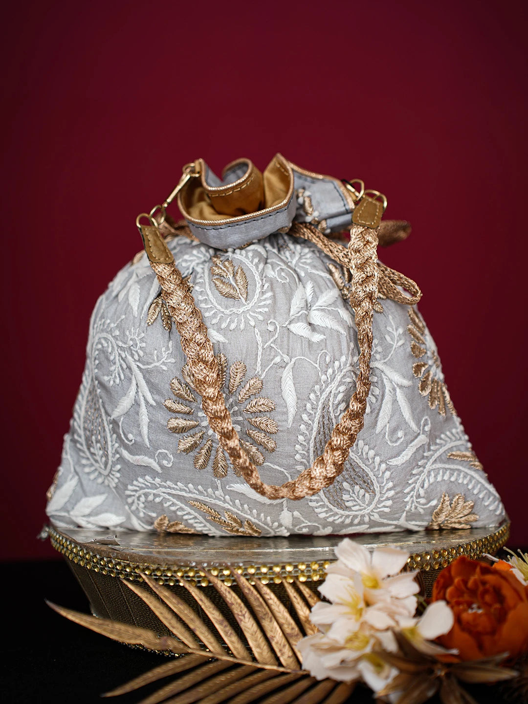 Ada Hand Embroidered Grey Silk Lucknowi Chikankari Potli Bag With Zari Work 01A725664