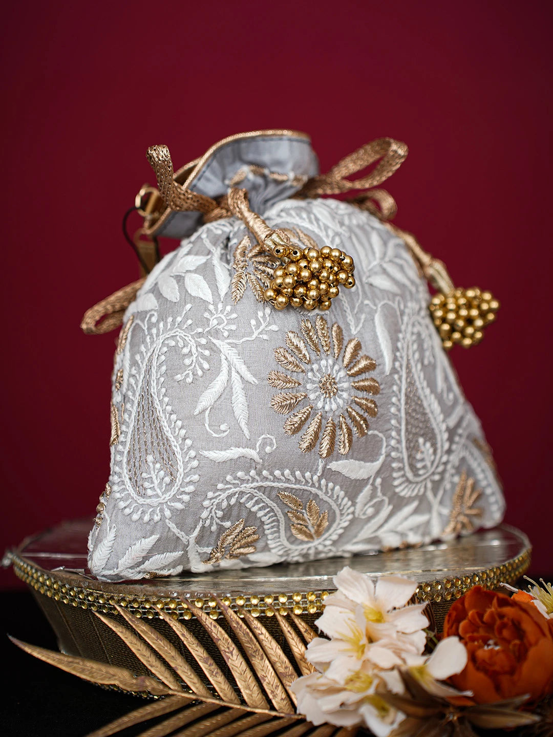 Ada Hand Embroidered Grey Silk Lucknowi Chikankari Potli Bag With Zari Work 01A725664