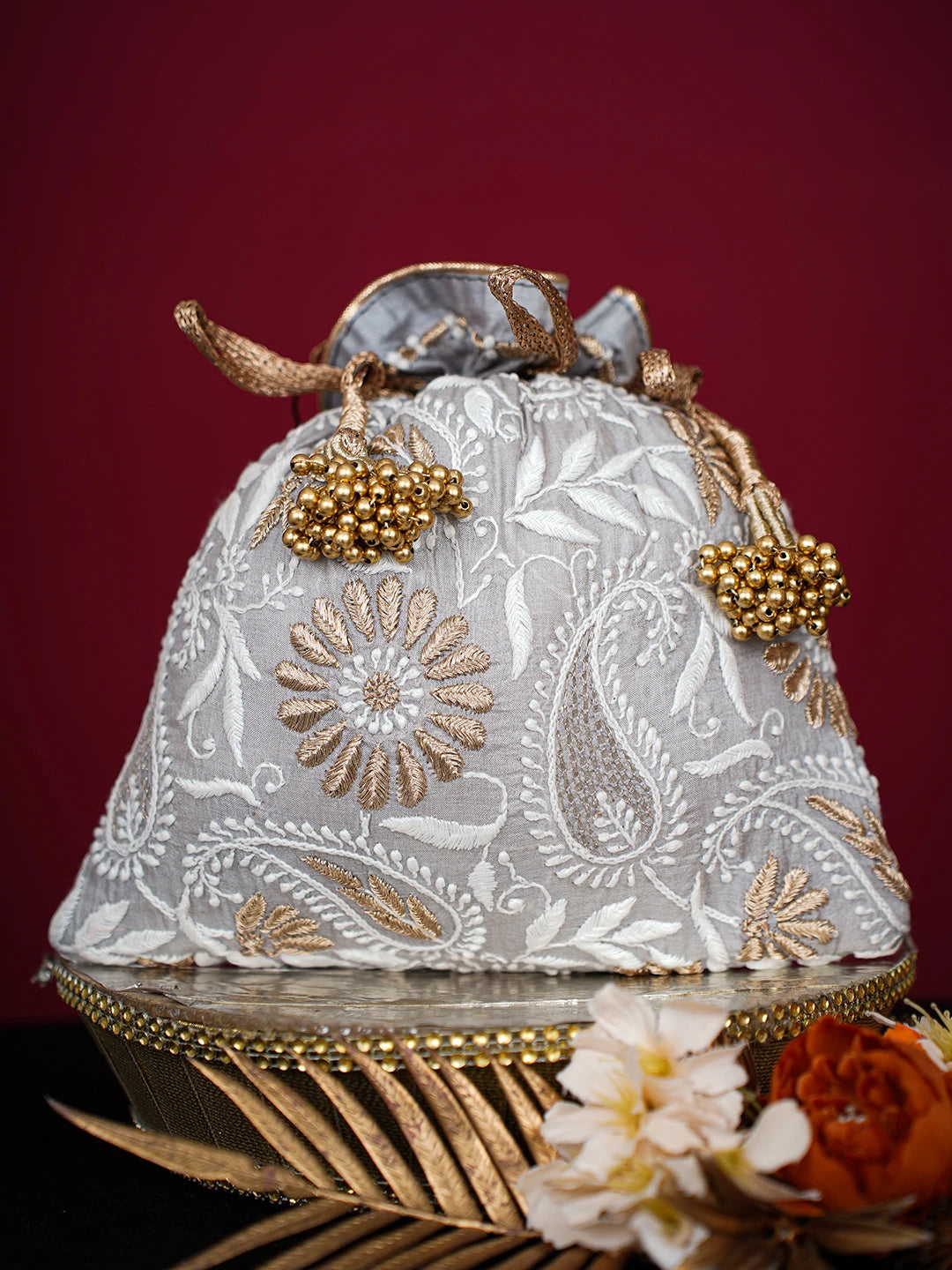 Ada Hand Embroidered Grey Silk Lucknowi Chikankari Potli Bag With Zari Work 01A725664